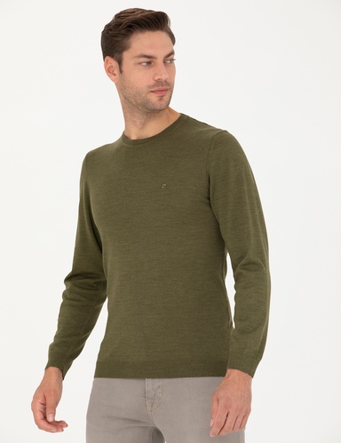 Açık Yeşil Slim Fit Bisiklet Yaka Yün Karışımlı Basic Triko Kazak