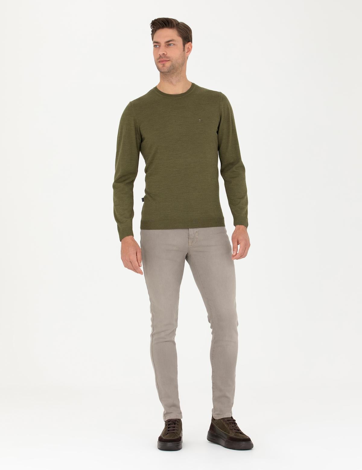 Açık Yeşil Slim Fit Bisiklet Yaka Yün Karışımlı Basic Triko Kazak - 50270054088