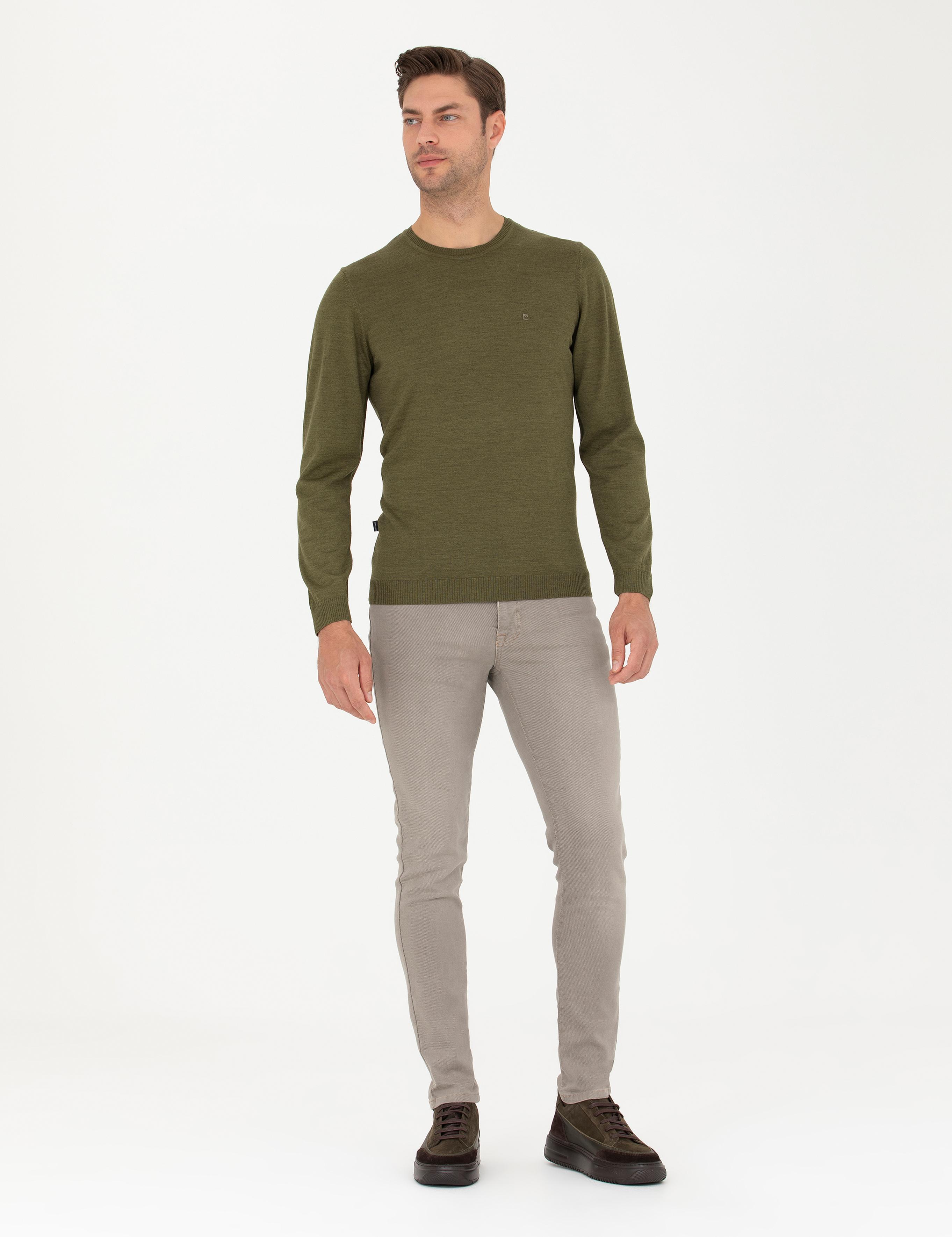 Açık Yeşil Slim Fit Bisiklet Yaka Yün Karışımlı Basic Triko Kazak