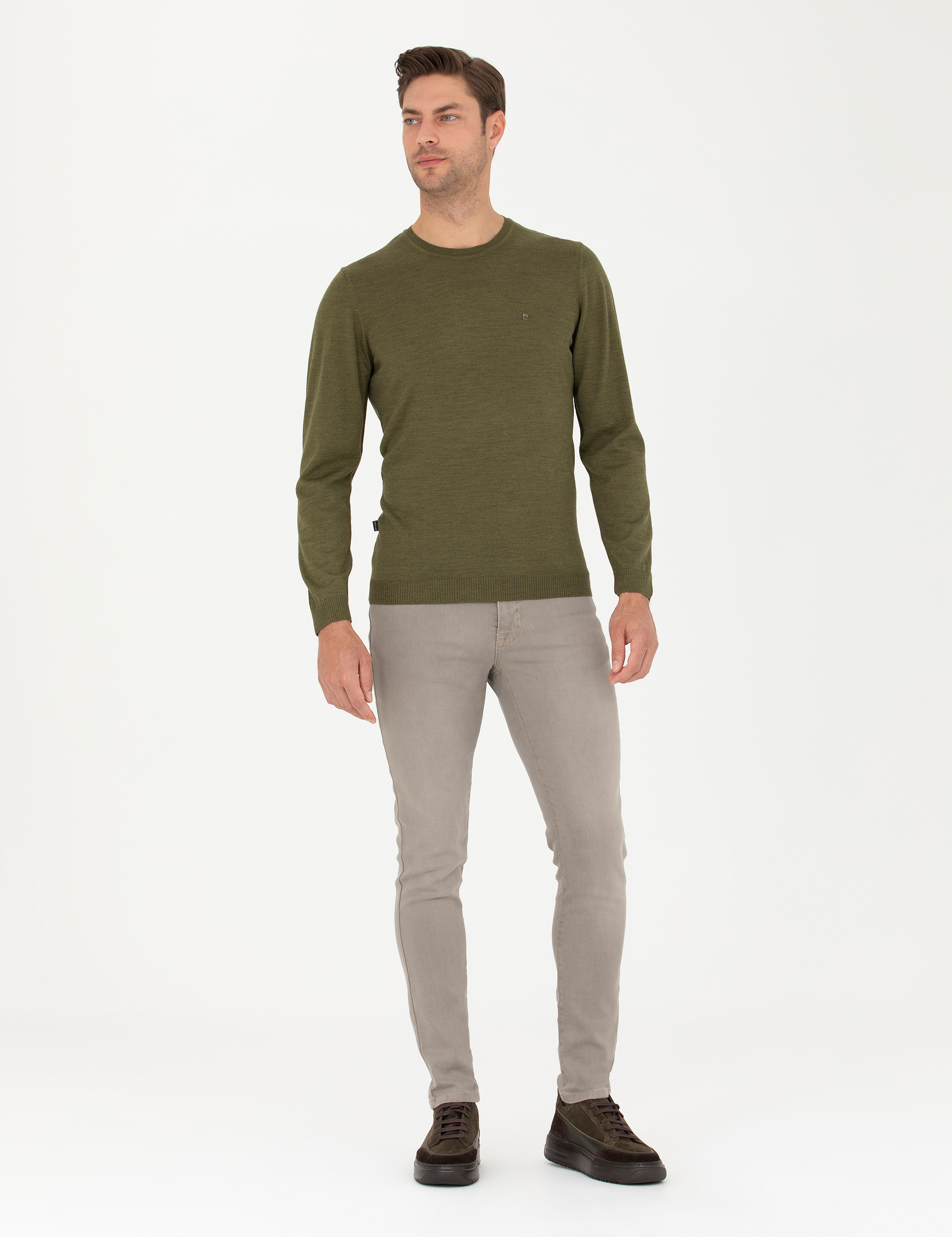 Açık Yeşil Slim Fit Bisiklet Yaka Yün Karışımlı Basic Triko Kazak