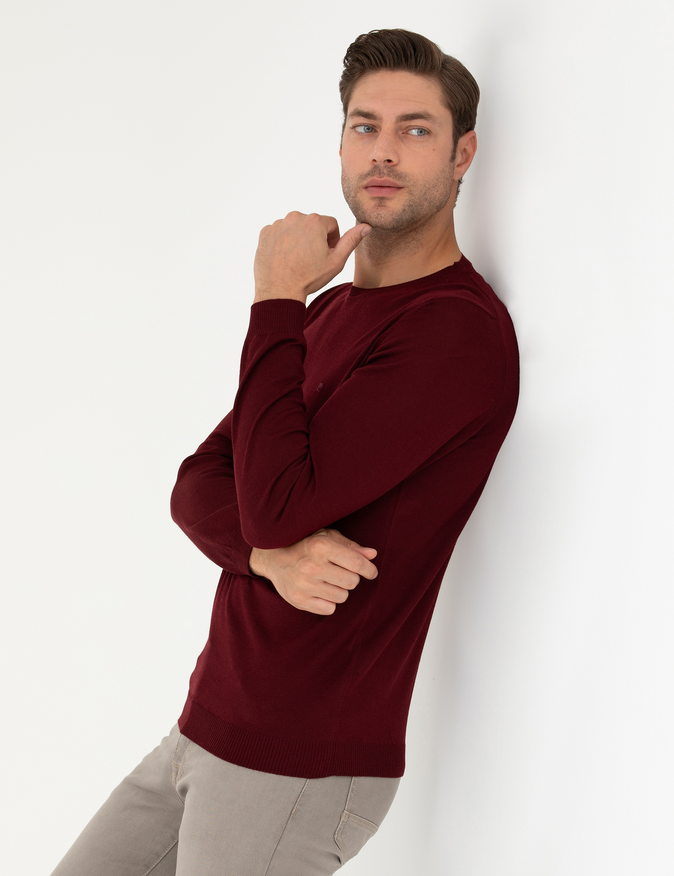 Pierre Cardin Kırmızı Slim Fit Bisiklet Yaka Yün Karışımlı Basic Triko Kazak görsel 3