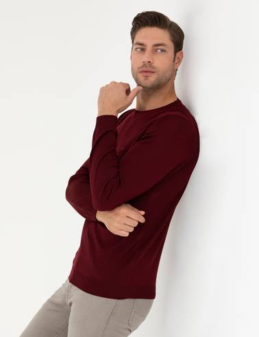 Kırmızı Slim Fit Bisiklet Yaka Yün Karışımlı Basic Triko Kazak