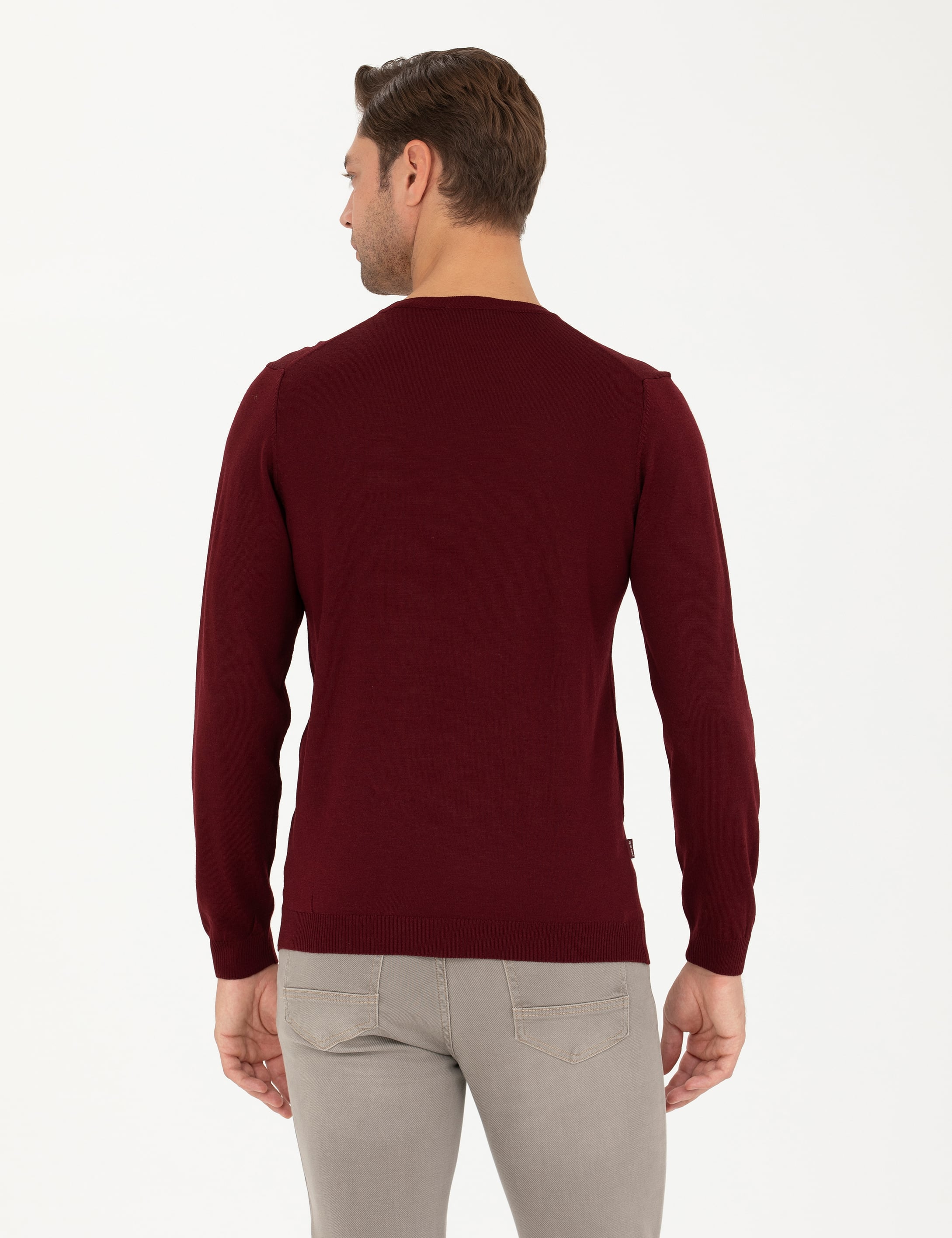 Kırmızı Slim Fit Bisiklet Yaka Yün Karışımlı Basic Triko Kazak