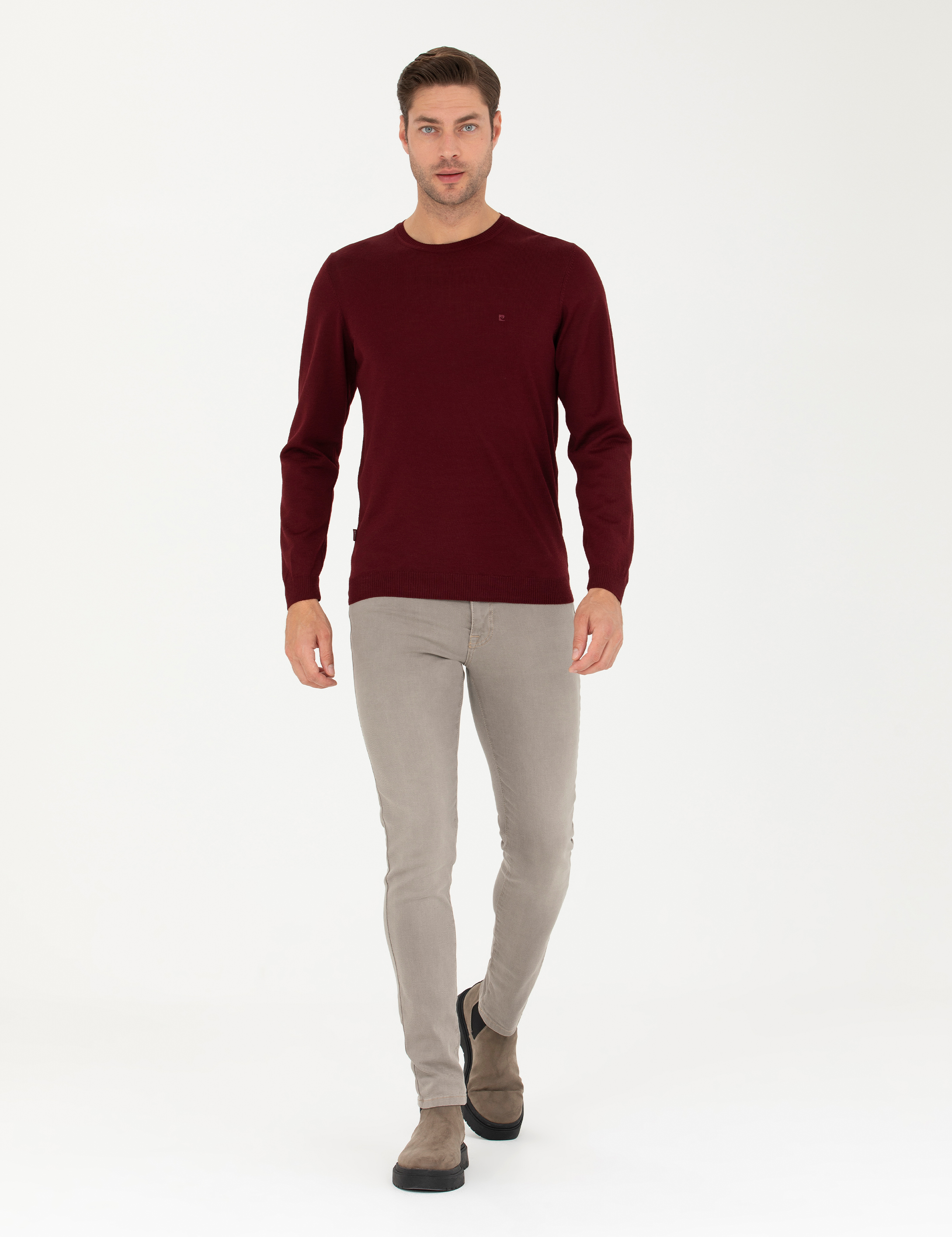 Pierre Cardin Kırmızı Slim Fit Bisiklet Yaka Yün Karışımlı Basic Triko Kazak görsel 4