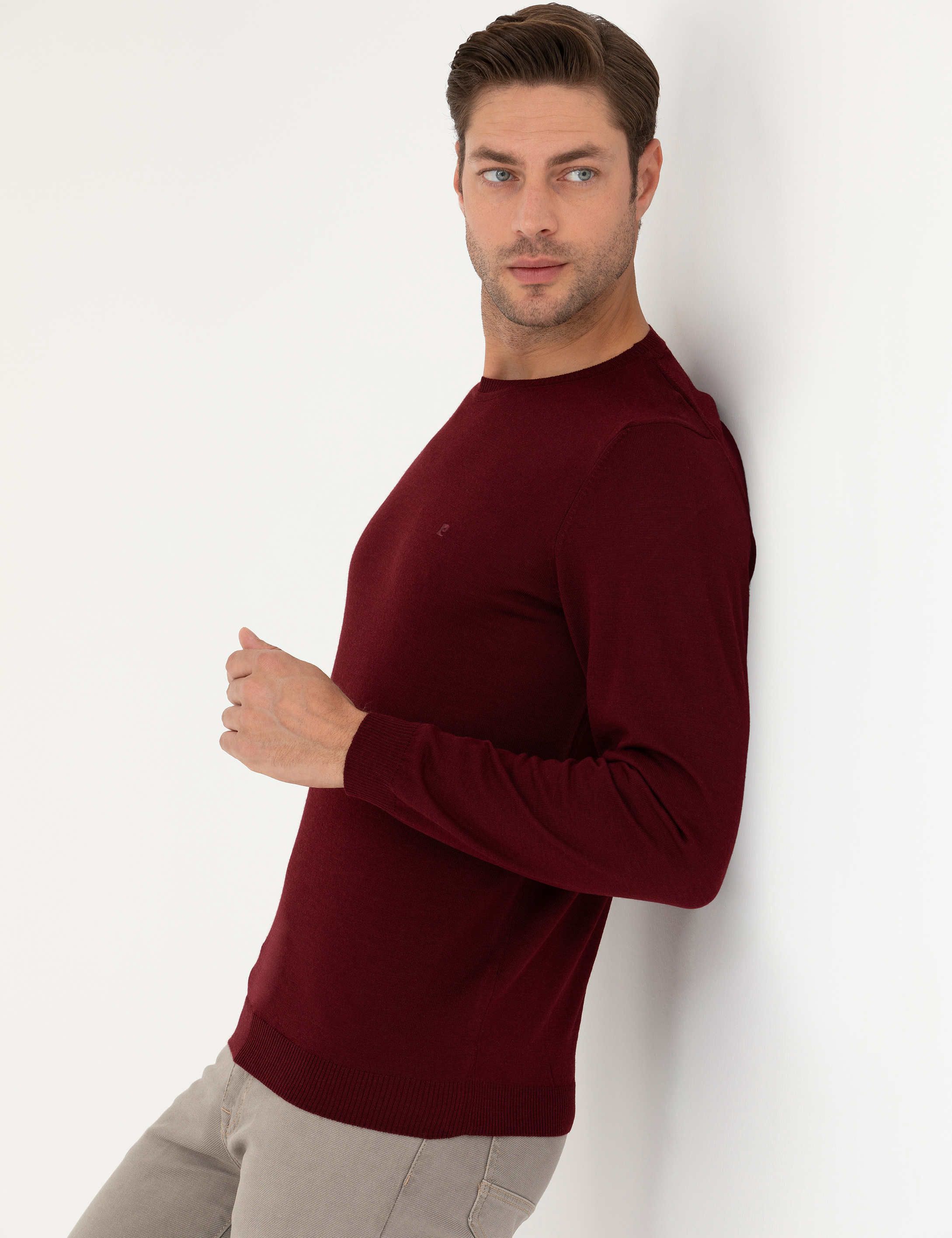 Kırmızı Slim Fit Bisiklet Yaka Yün Karışımlı Basic Triko Kazak - Image 1