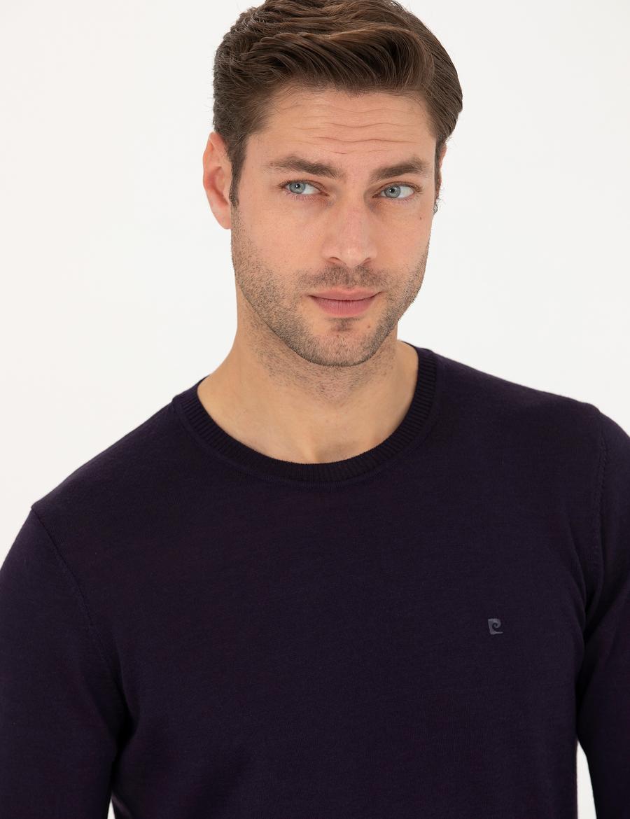 Mor Slim Fit Bisiklet Yaka Yün Karışımlı Basic Triko Kazak