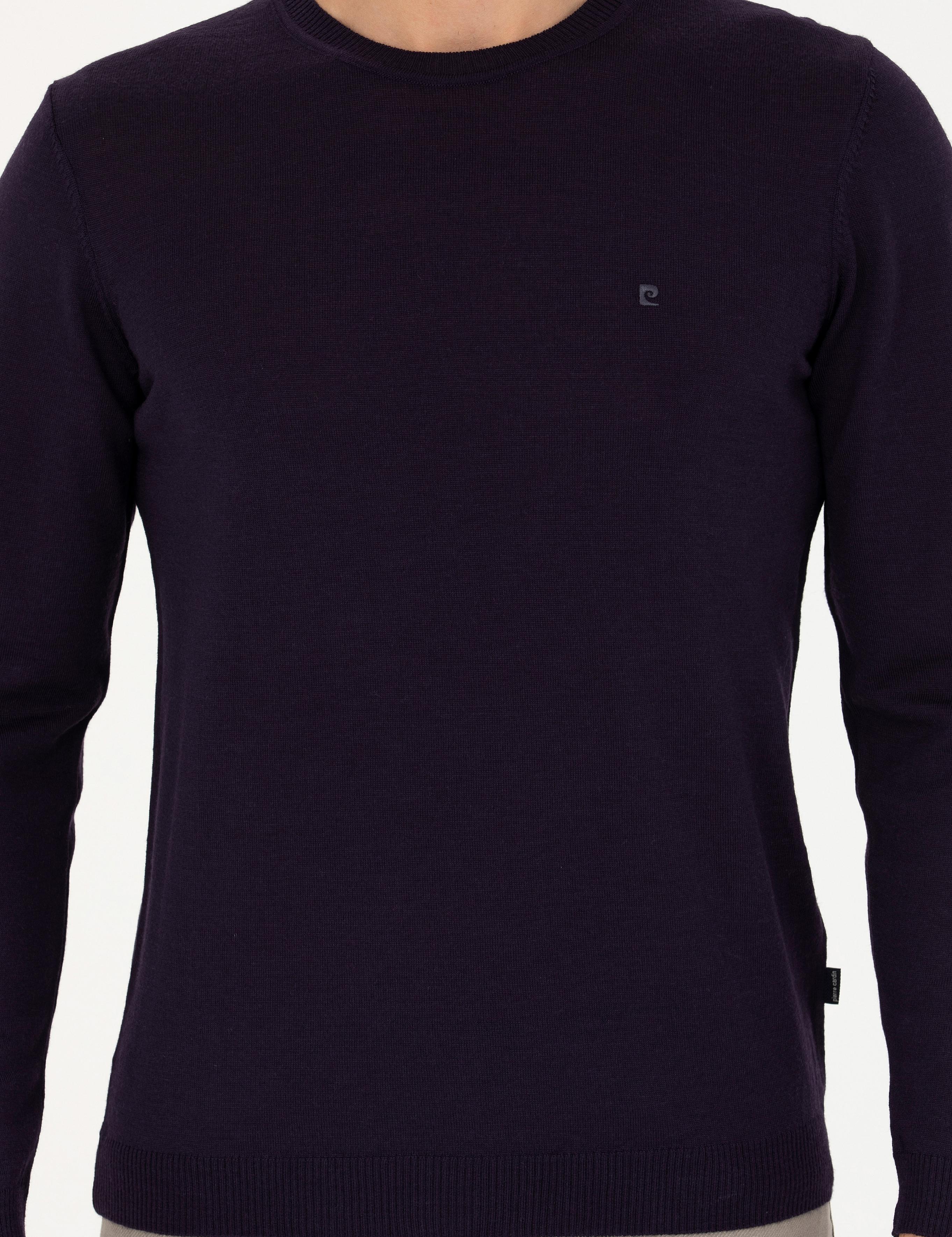 Mor Slim Fit Bisiklet Yaka Yün Karışımlı Basic Triko Kazak