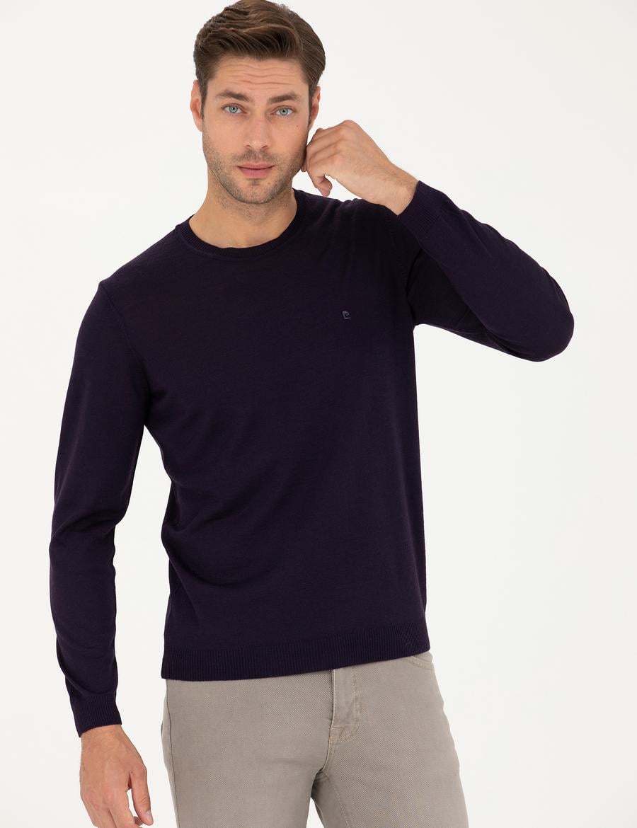 Mor Slim Fit Bisiklet Yaka Yün Karışımlı Basic Triko Kazak