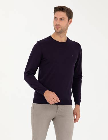 Mor Slim Fit Bisiklet Yaka Yün Karışımlı Basic Triko Kazak