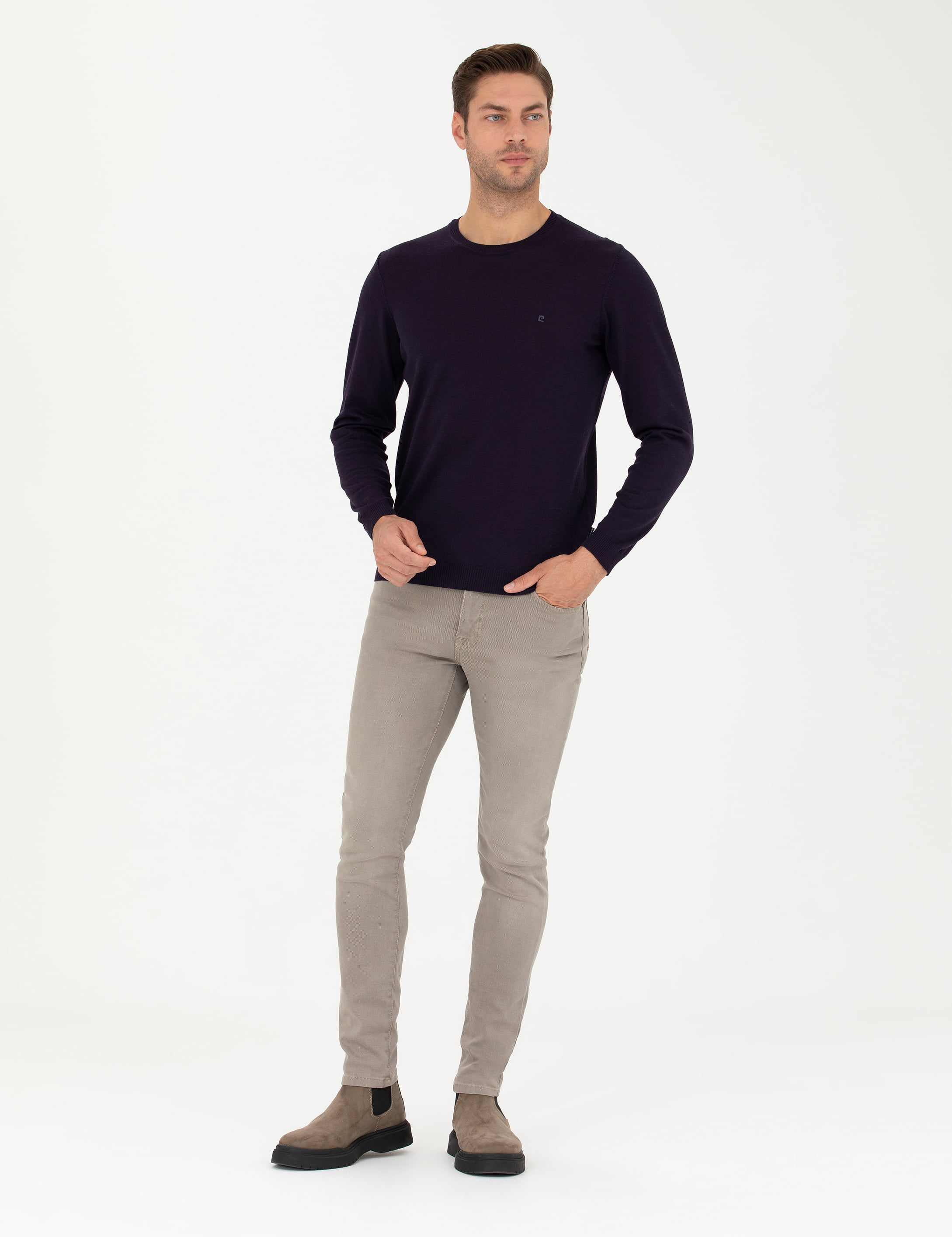 Mor Slim Fit Bisiklet Yaka Yün Karışımlı Basic Triko Kazak