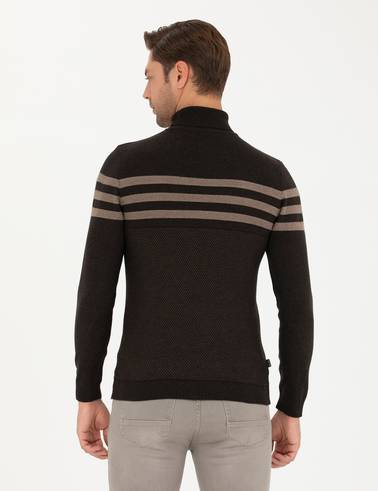Kahverengi Slim Fit Balıkçı Yaka Triko Kazak