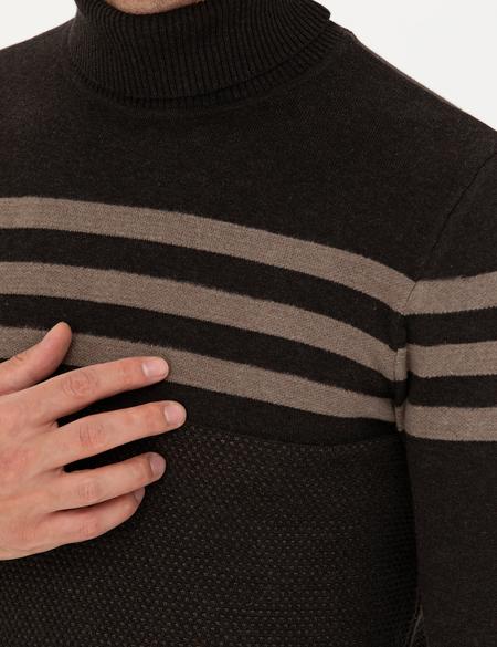 Kahverengi Slim Fit Balıkçı Yaka Triko Kazak - 50278029008