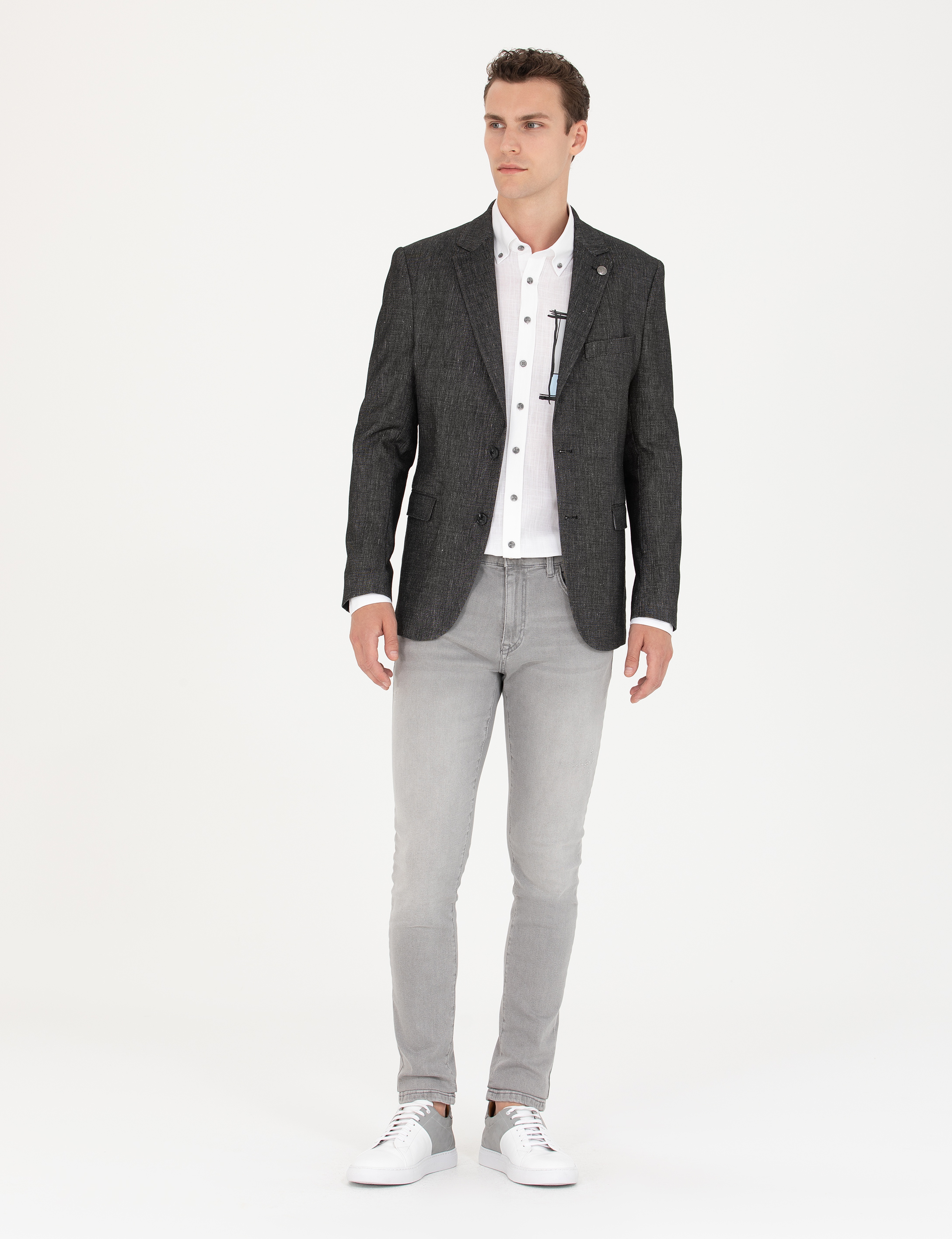Siyah Slim Fit Keten Karışımlı Ceket - Image 4