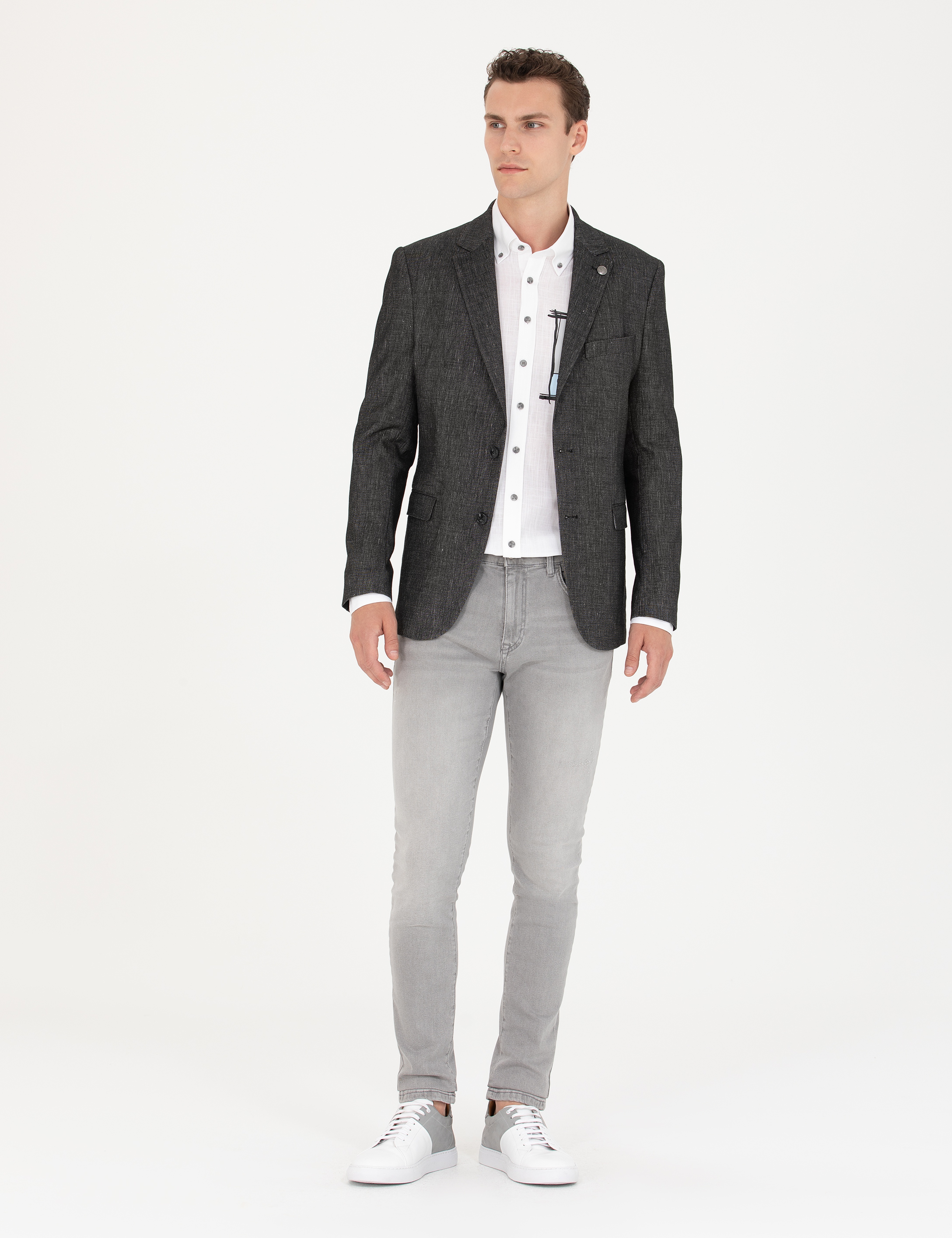 Siyah Slim Fit Keten Karışımlı Ceket