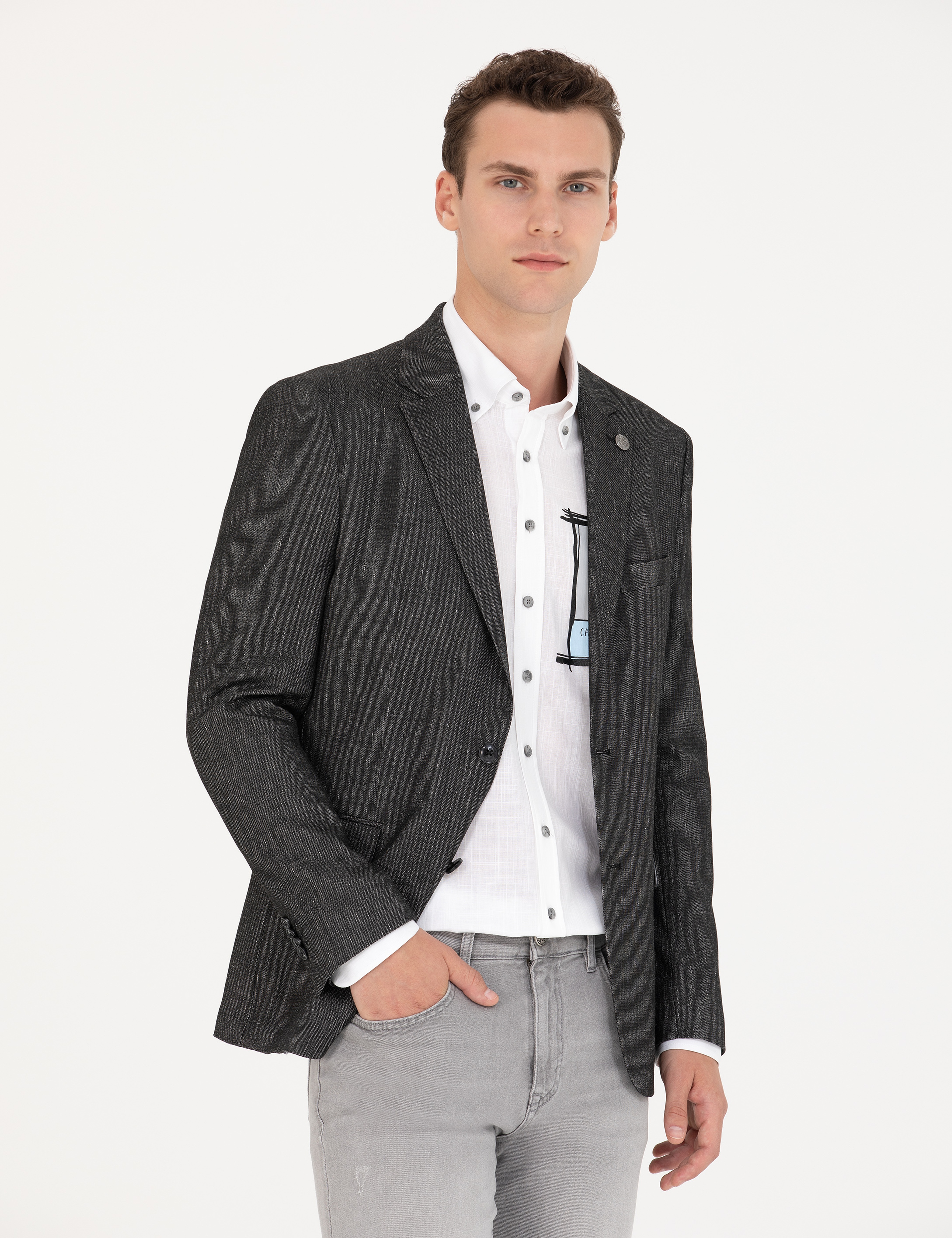Siyah Slim Fit Keten Karışımlı Ceket