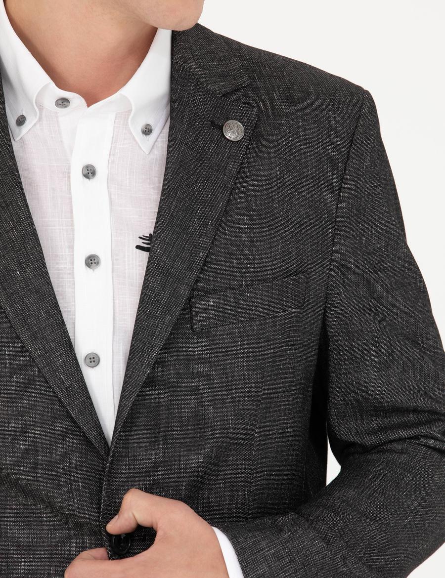 Siyah Slim Fit Keten Karışımlı Ceket