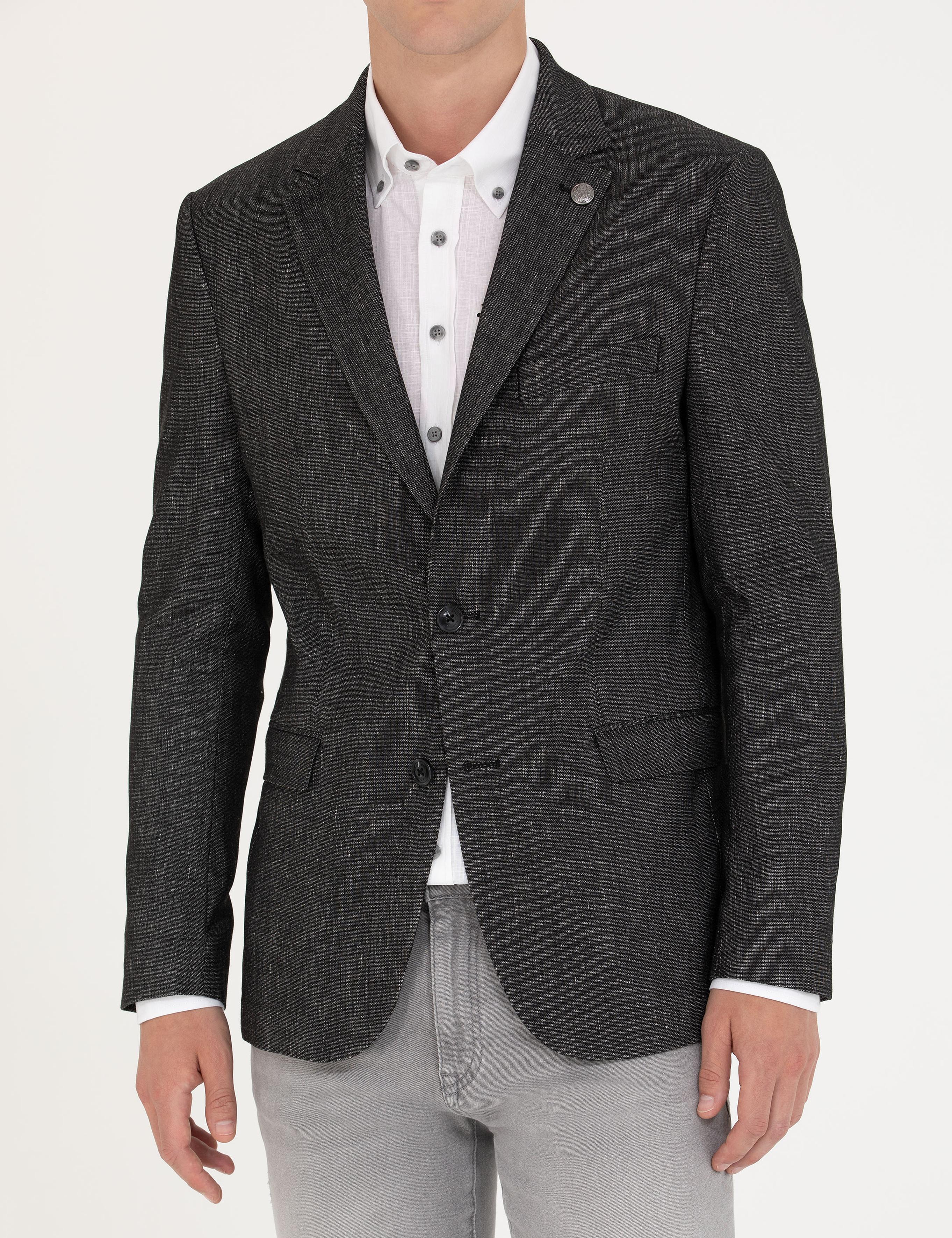 Siyah Slim Fit Keten Karışımlı Ceket