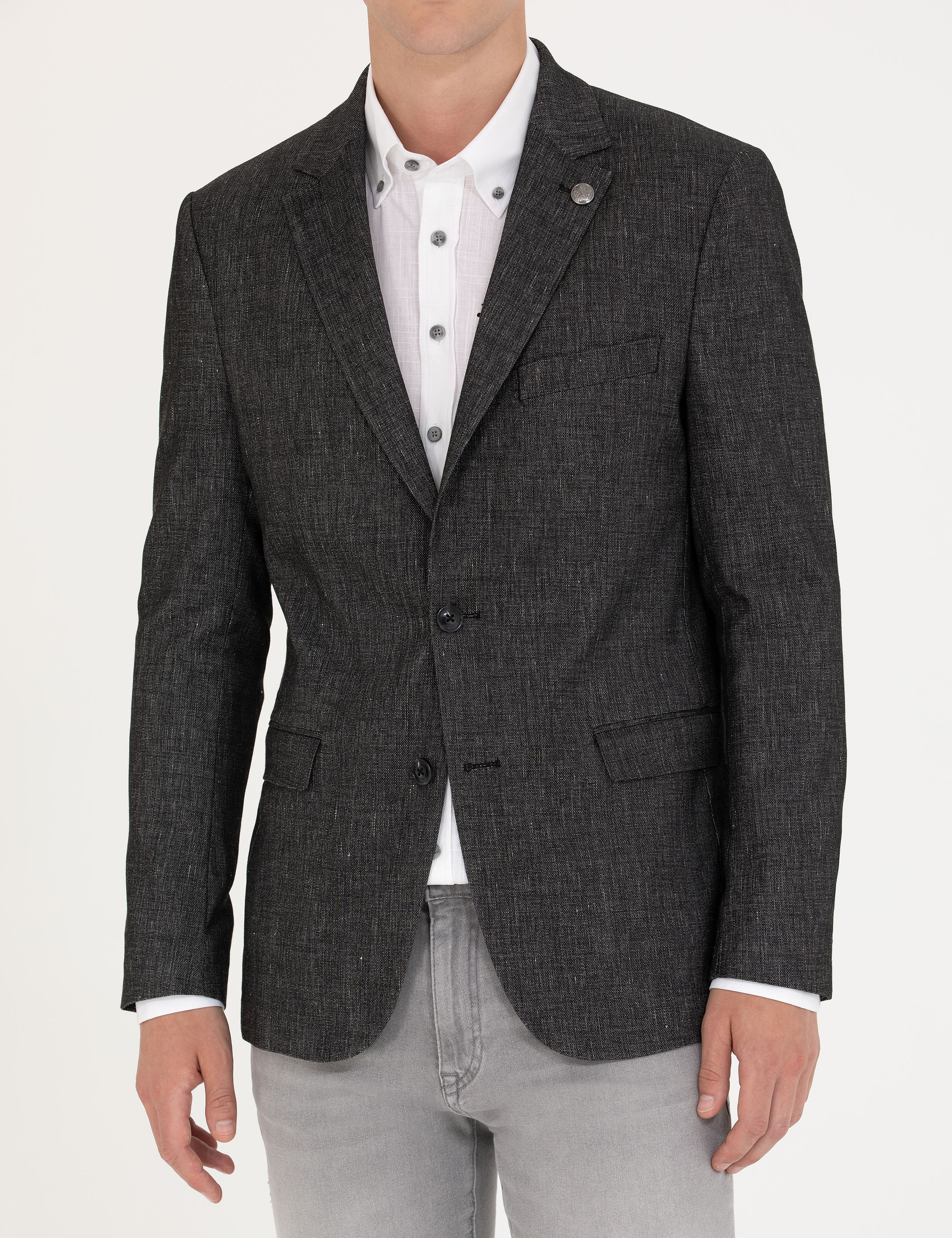 Siyah Slim Fit Keten Karışımlı Ceket - Image 6