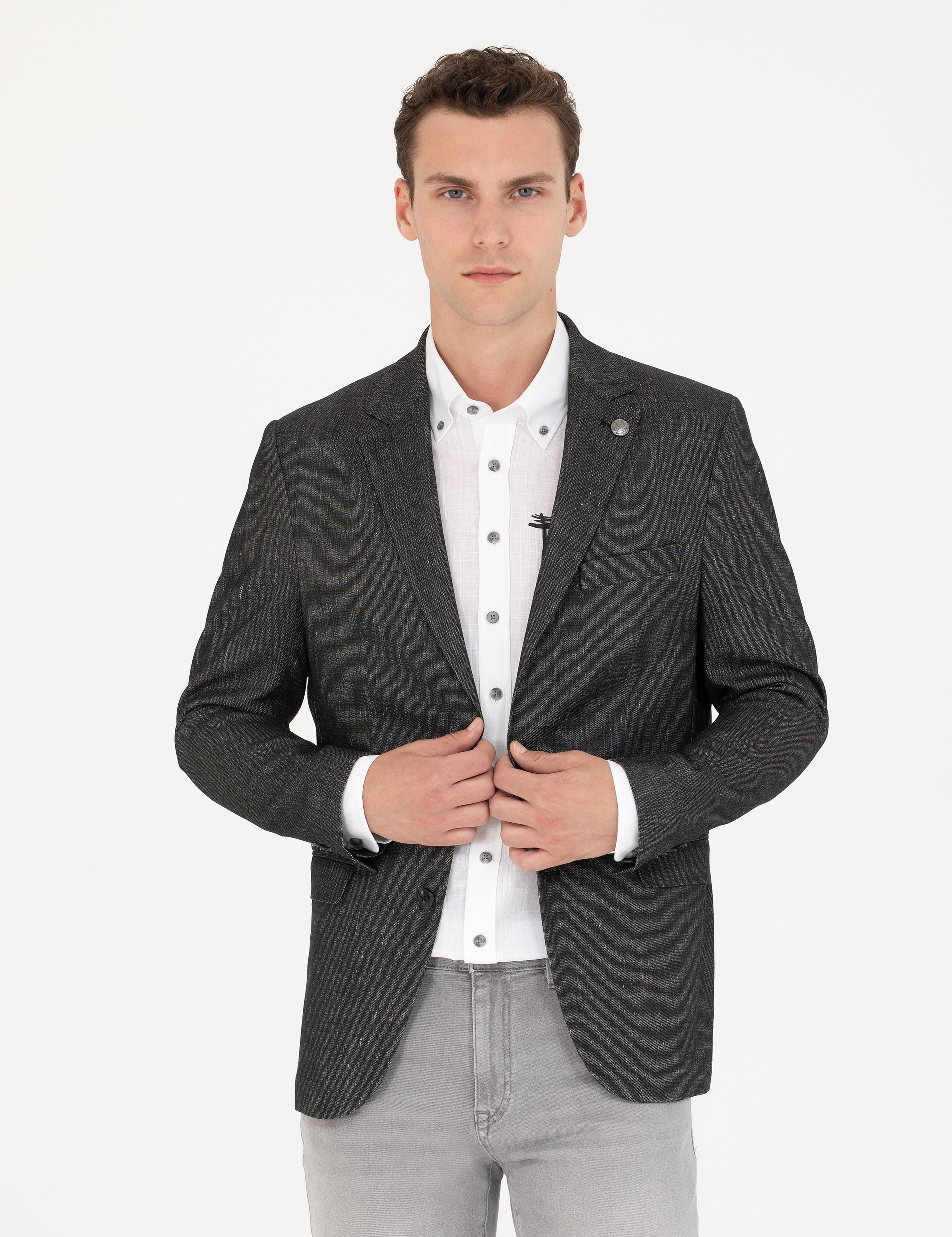 Siyah Slim Fit Keten Karışımlı Ceket - Image 2