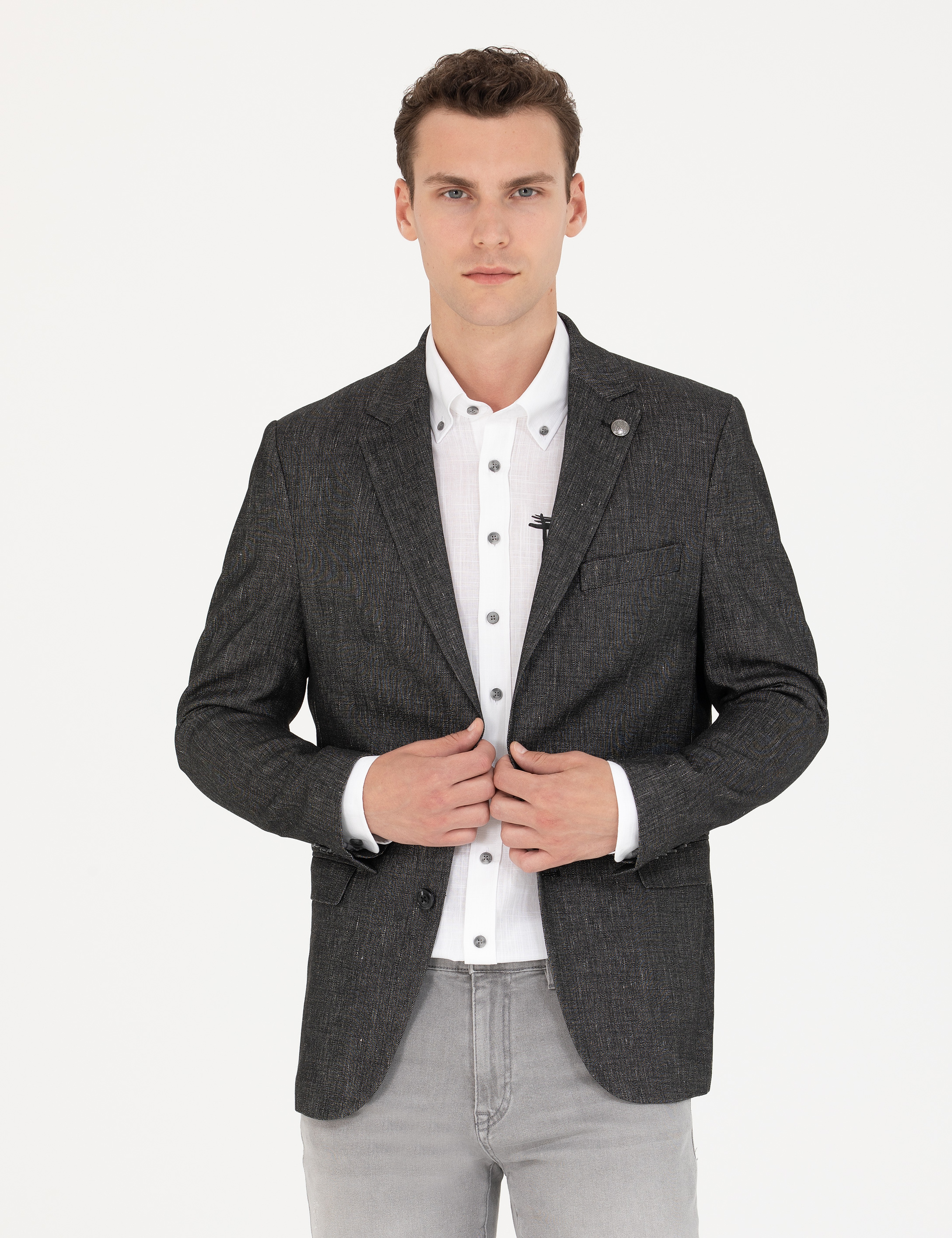 Siyah Slim Fit Keten Karışımlı Ceket
