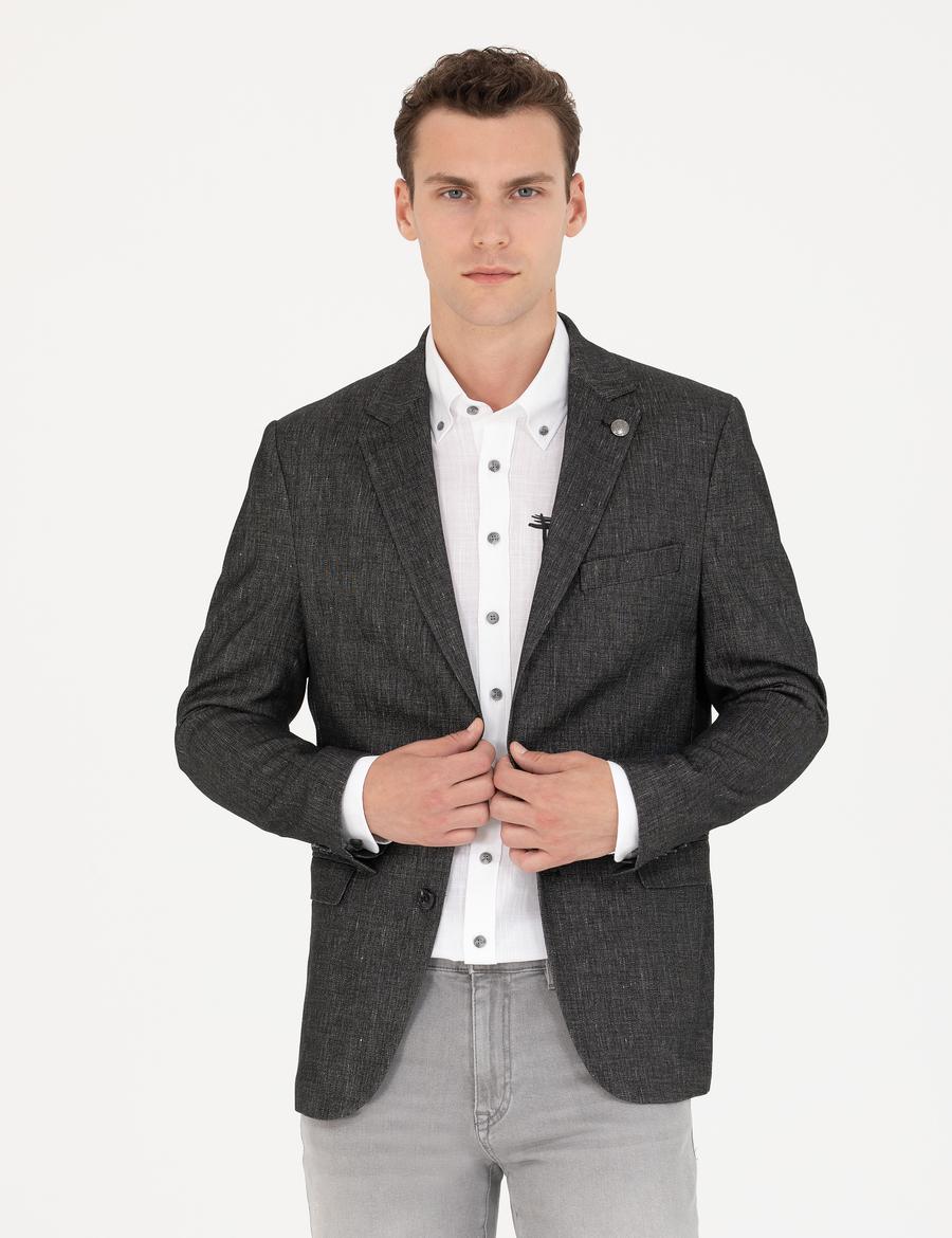 Siyah Slim Fit Keten Karışımlı Ceket