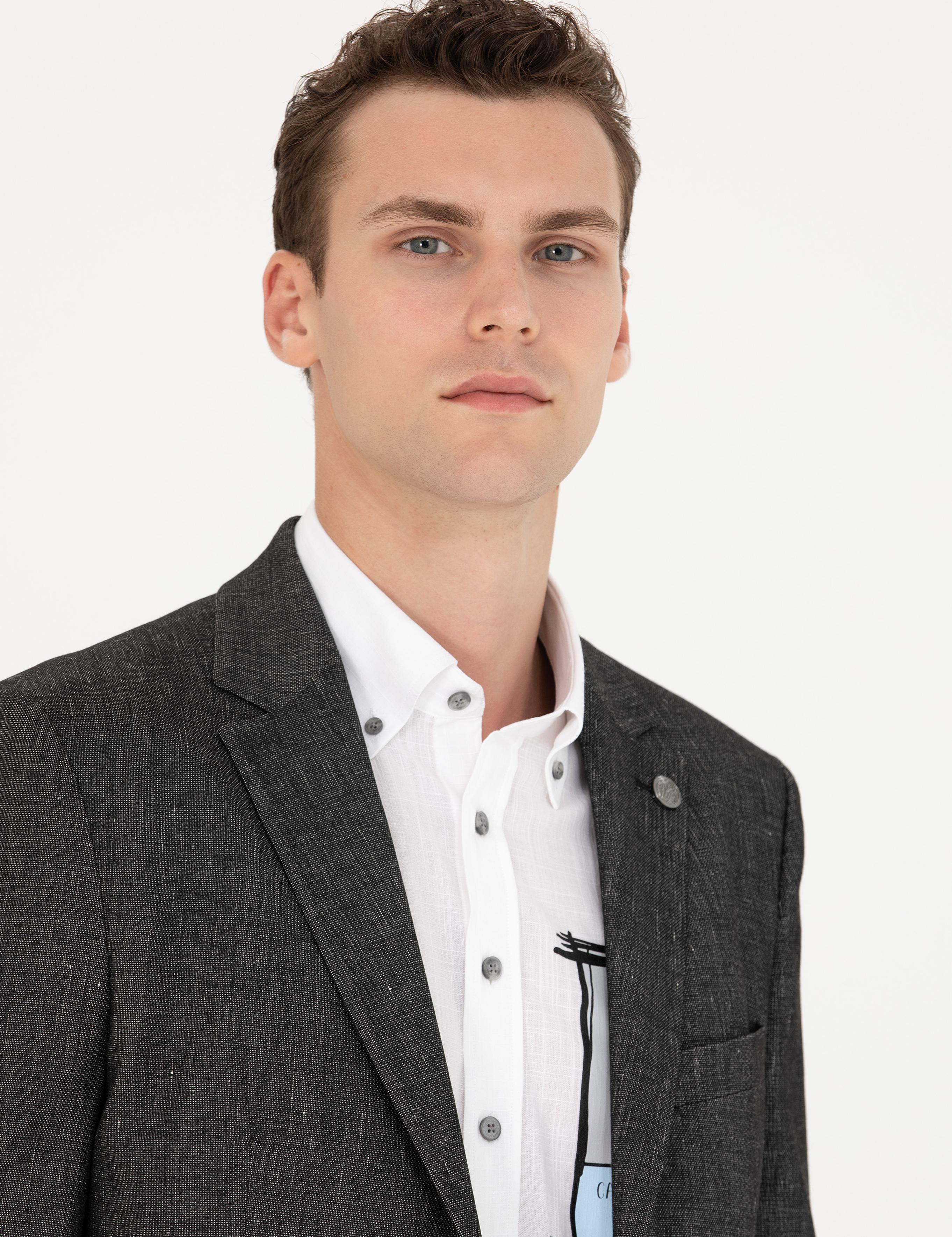 Siyah Slim Fit Keten Karışımlı Ceket