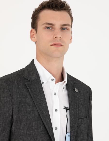Siyah Slim Fit Keten Karışımlı Ceket - 50277350008