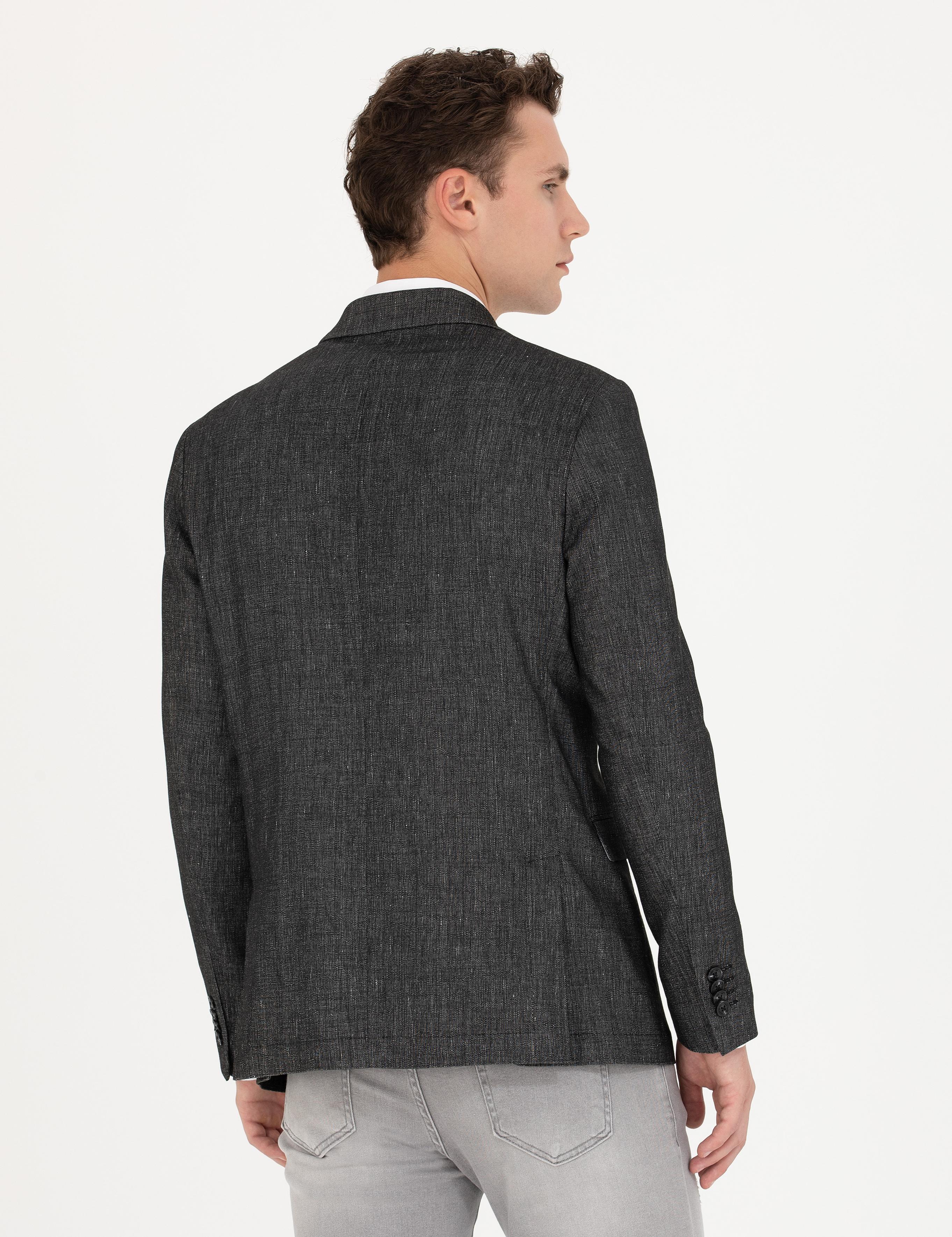 Siyah Slim Fit Keten Karışımlı Ceket