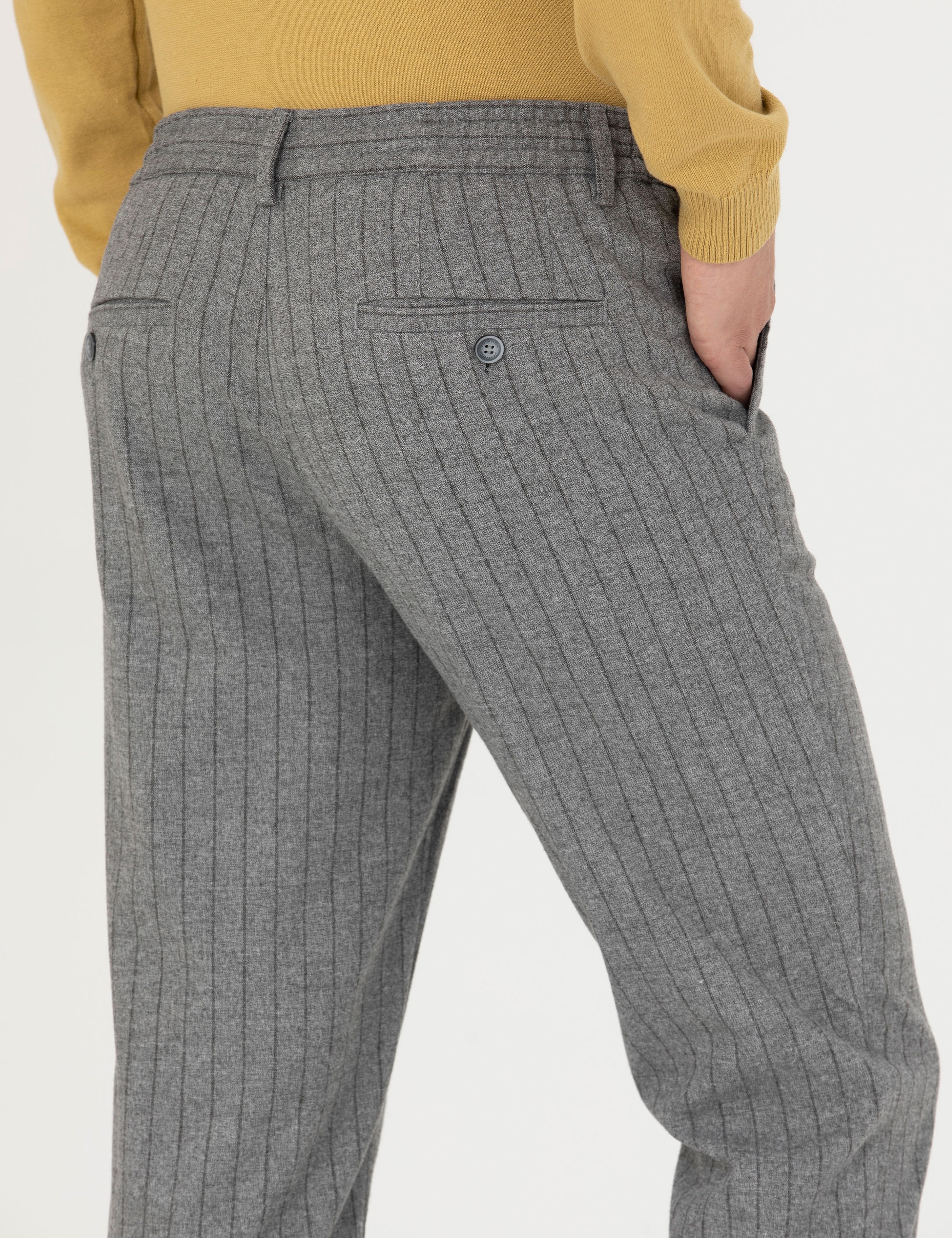 Gri Ekstra Slim Fit Çizgili Kumaş Pantolon - Image 7