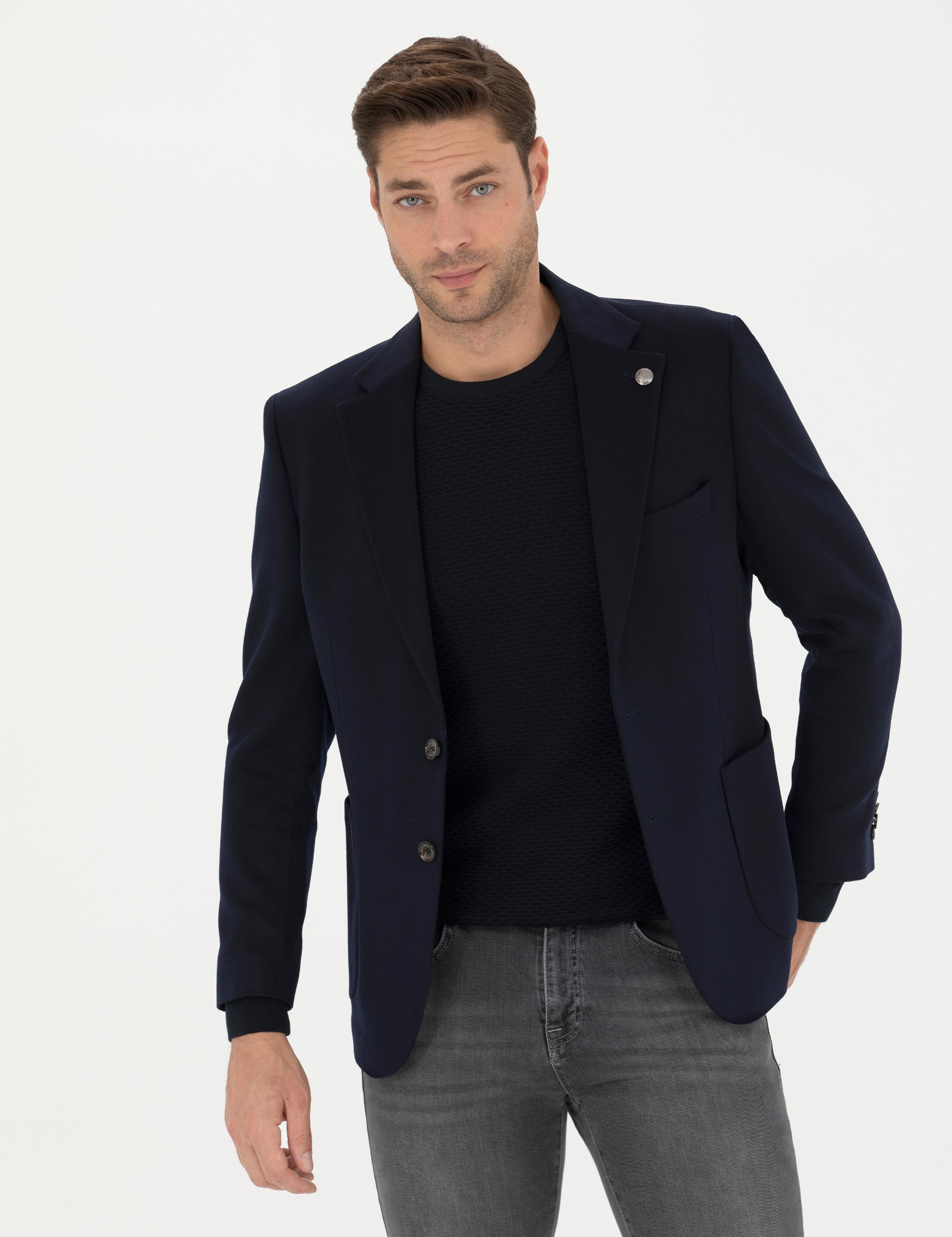 lacivert Slim Fit Kaşmir Ceket