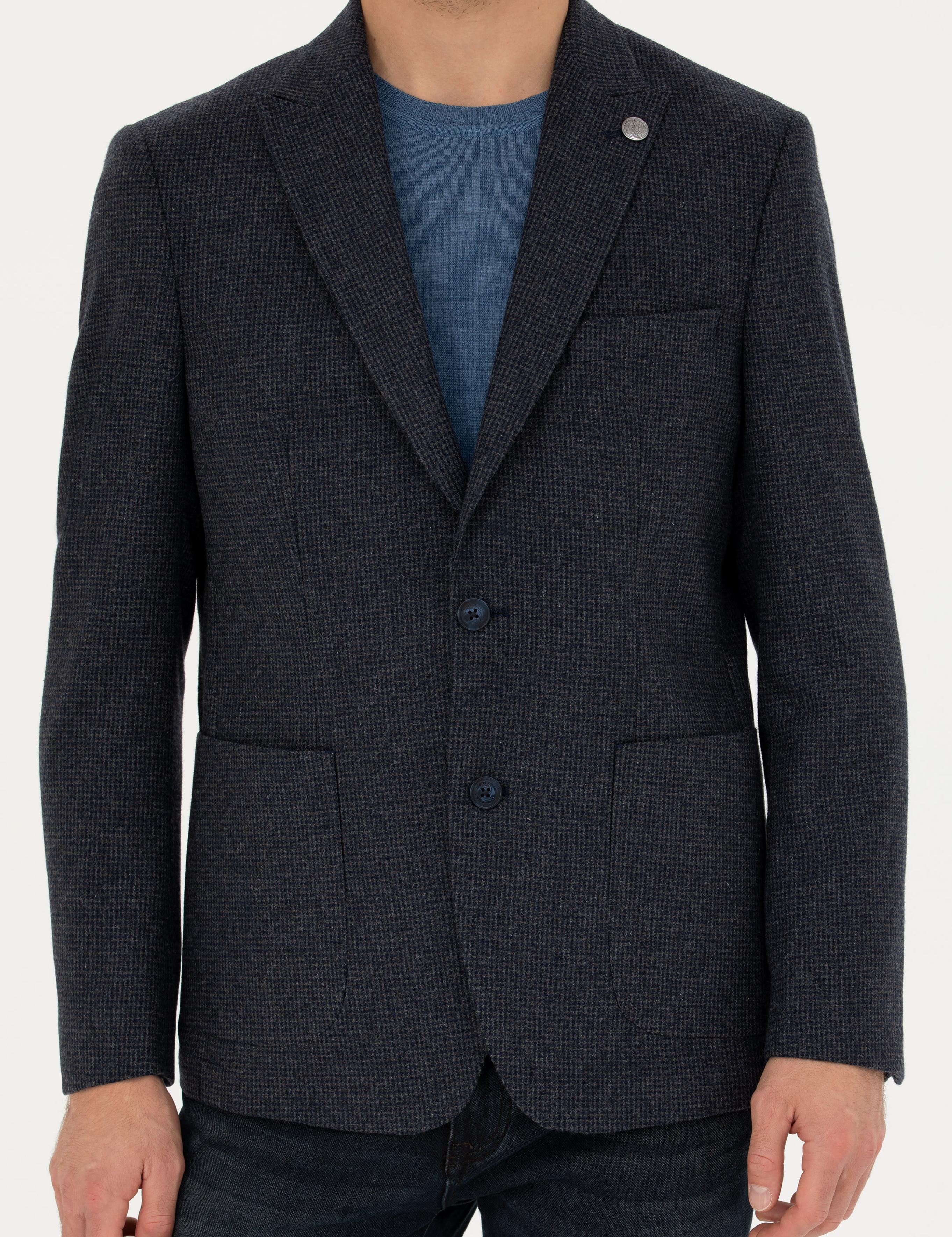 Lacivert Slim Fit Yün Karışımlı Ceket