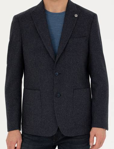 Lacivert Slim Fit Yün Karışımlı Ceket