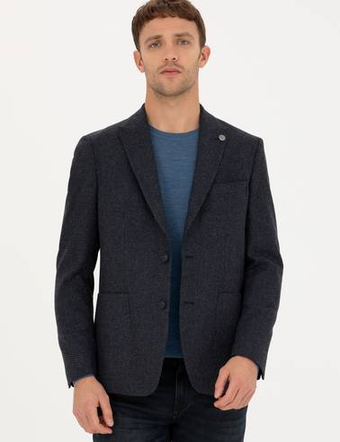 Lacivert Slim Fit Yün Karışımlı Ceket