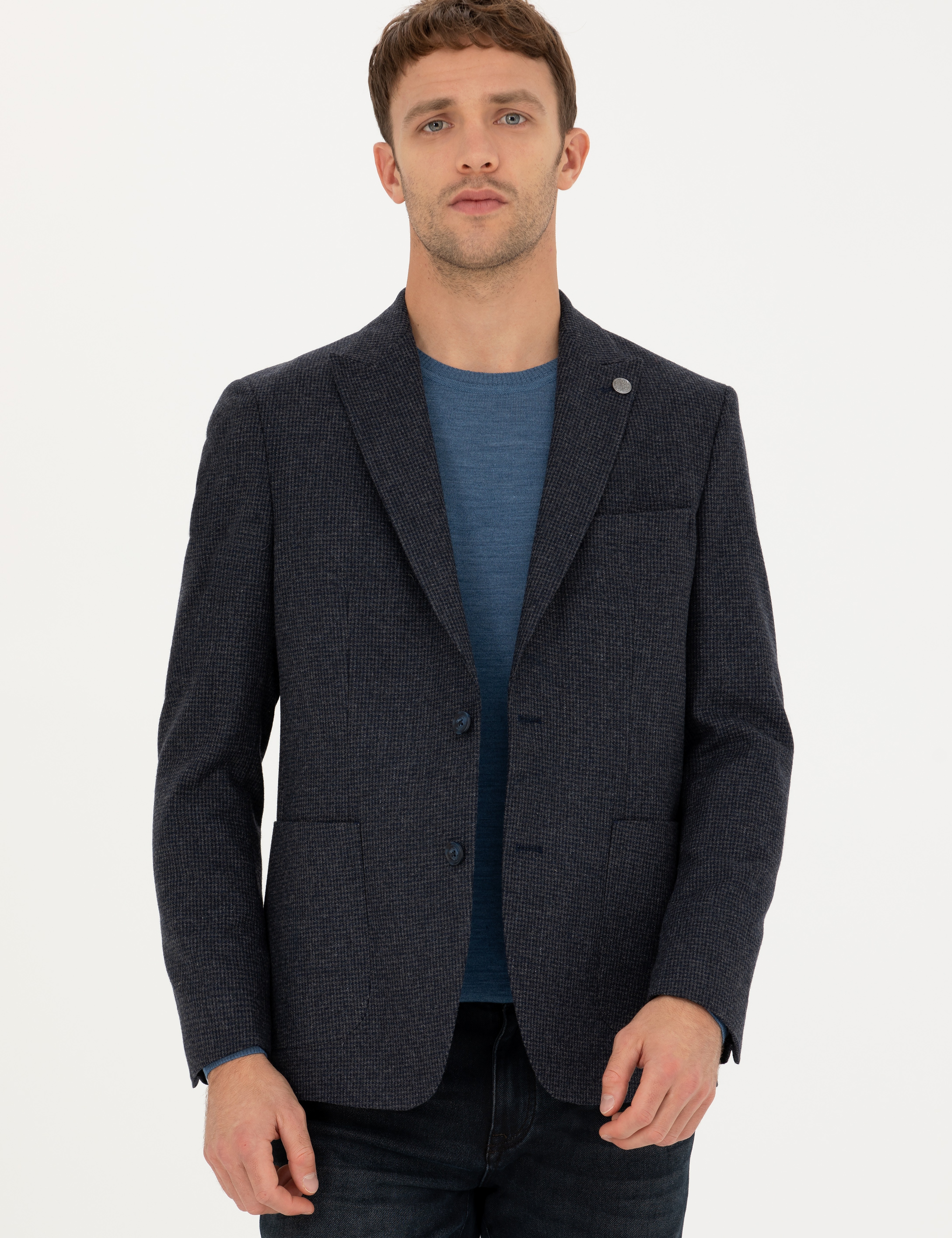 Lacivert Slim Fit Yün Karışımlı Ceket