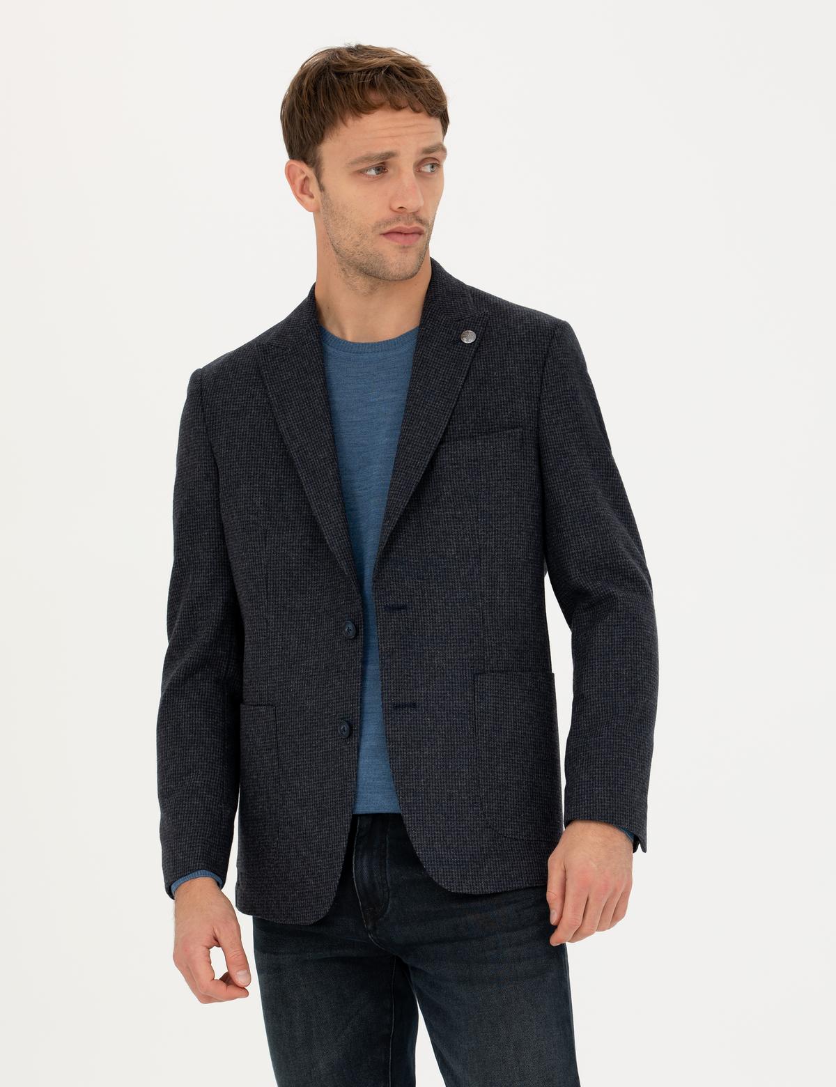 Lacivert Slim Fit Yün Karışımlı Ceket