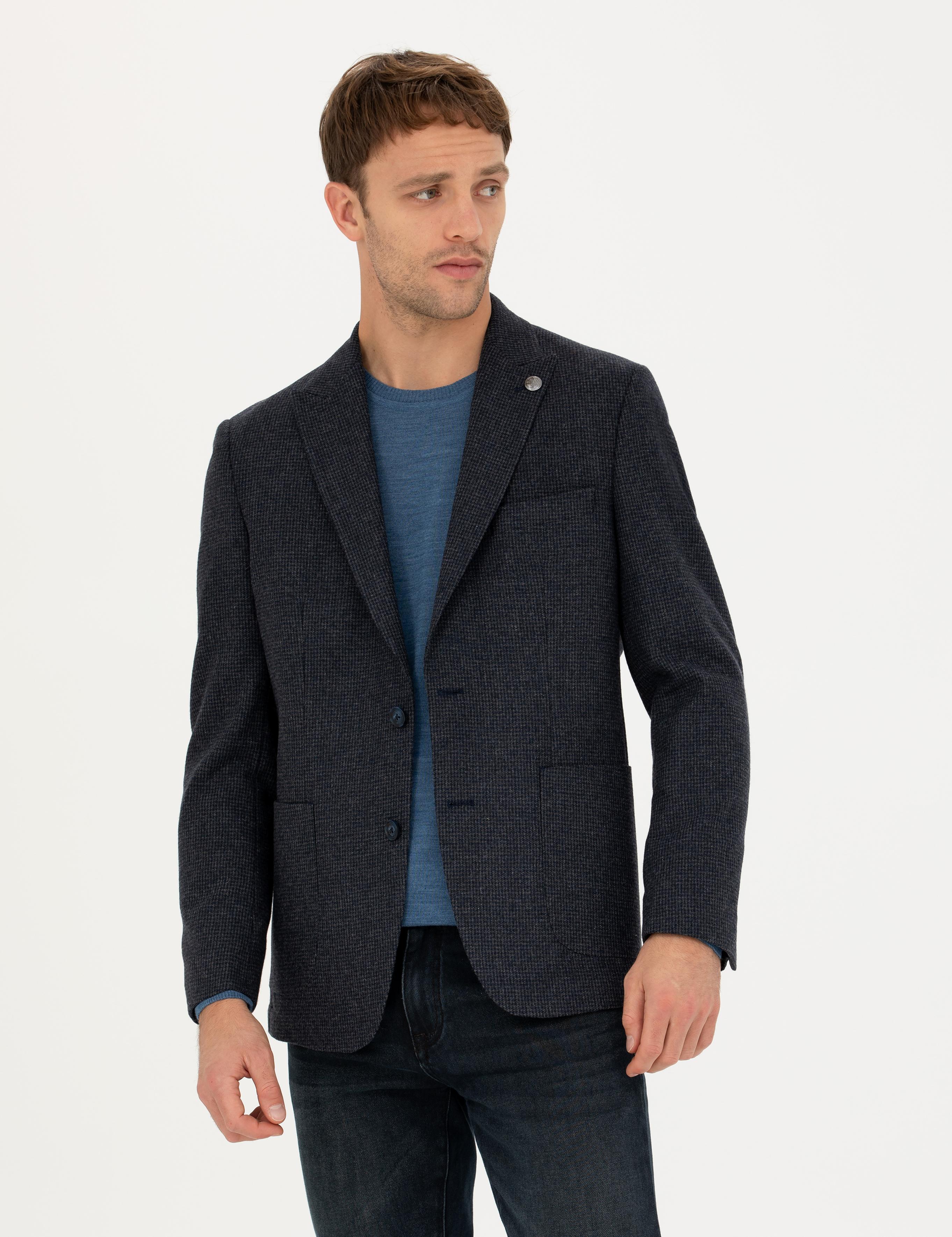 Lacivert Slim Fit Yün Karışımlı Ceket