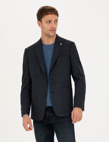 Lacivert Slim Fit Yün Karışımlı Ceket