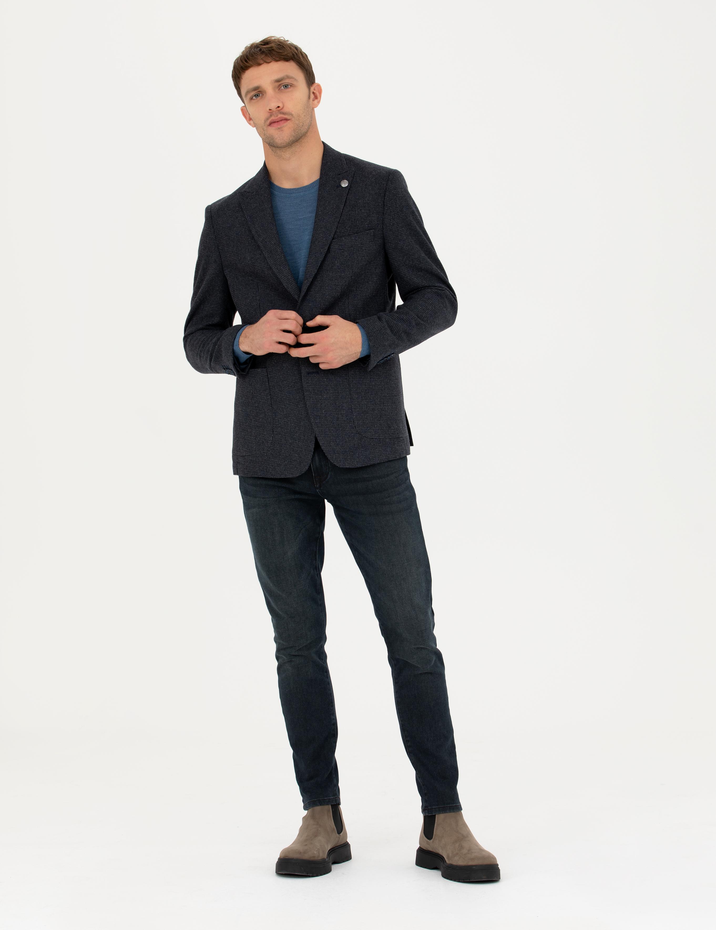 Lacivert Slim Fit Yün Karışımlı Ceket