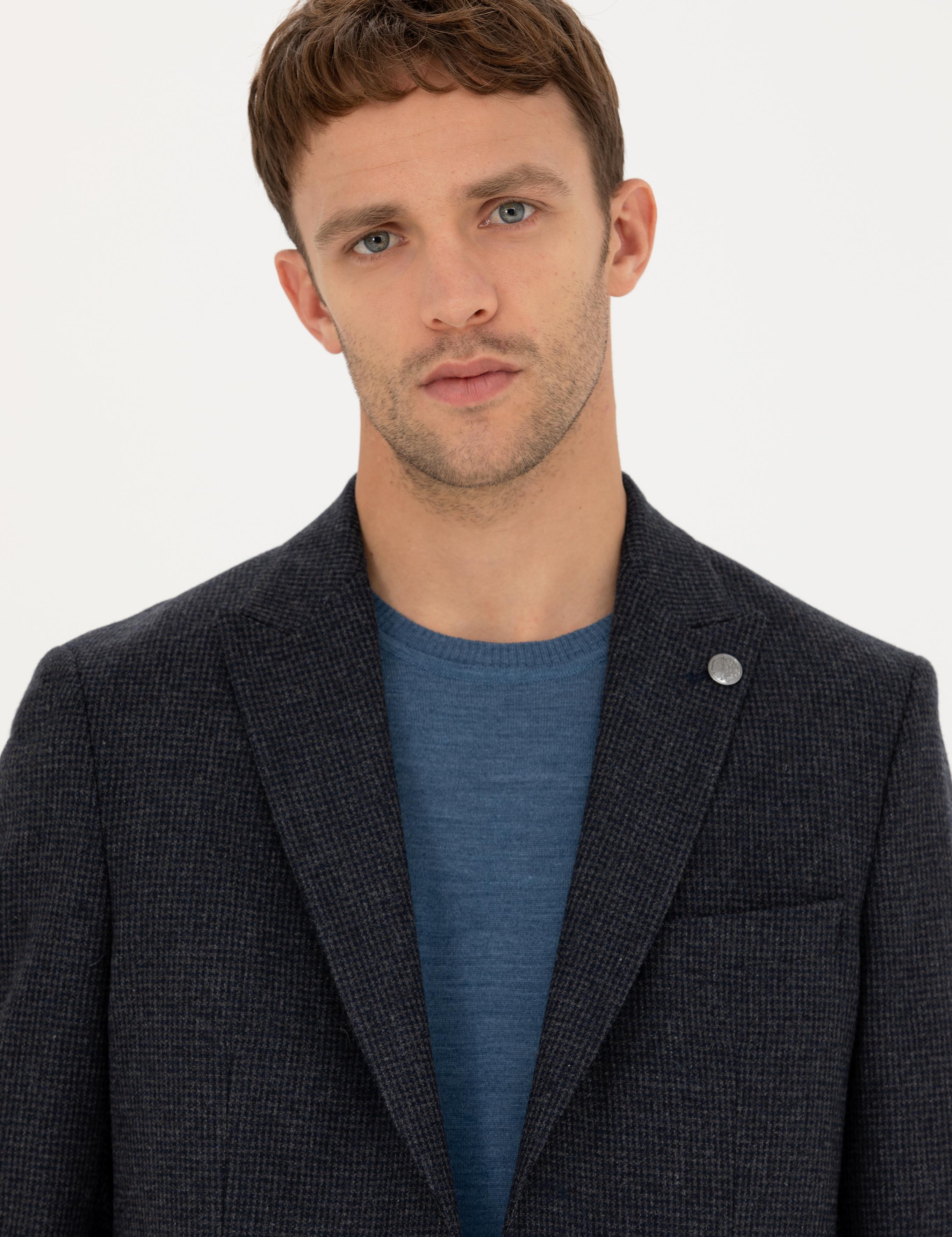 Lacivert Slim Fit Yün Karışımlı Ceket