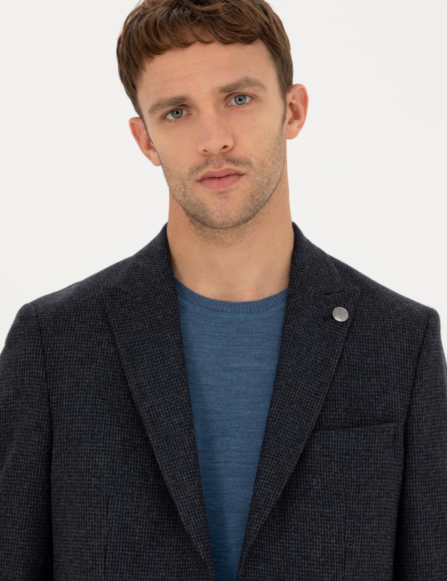 Lacivert Slim Fit Yün Karışımlı Ceket