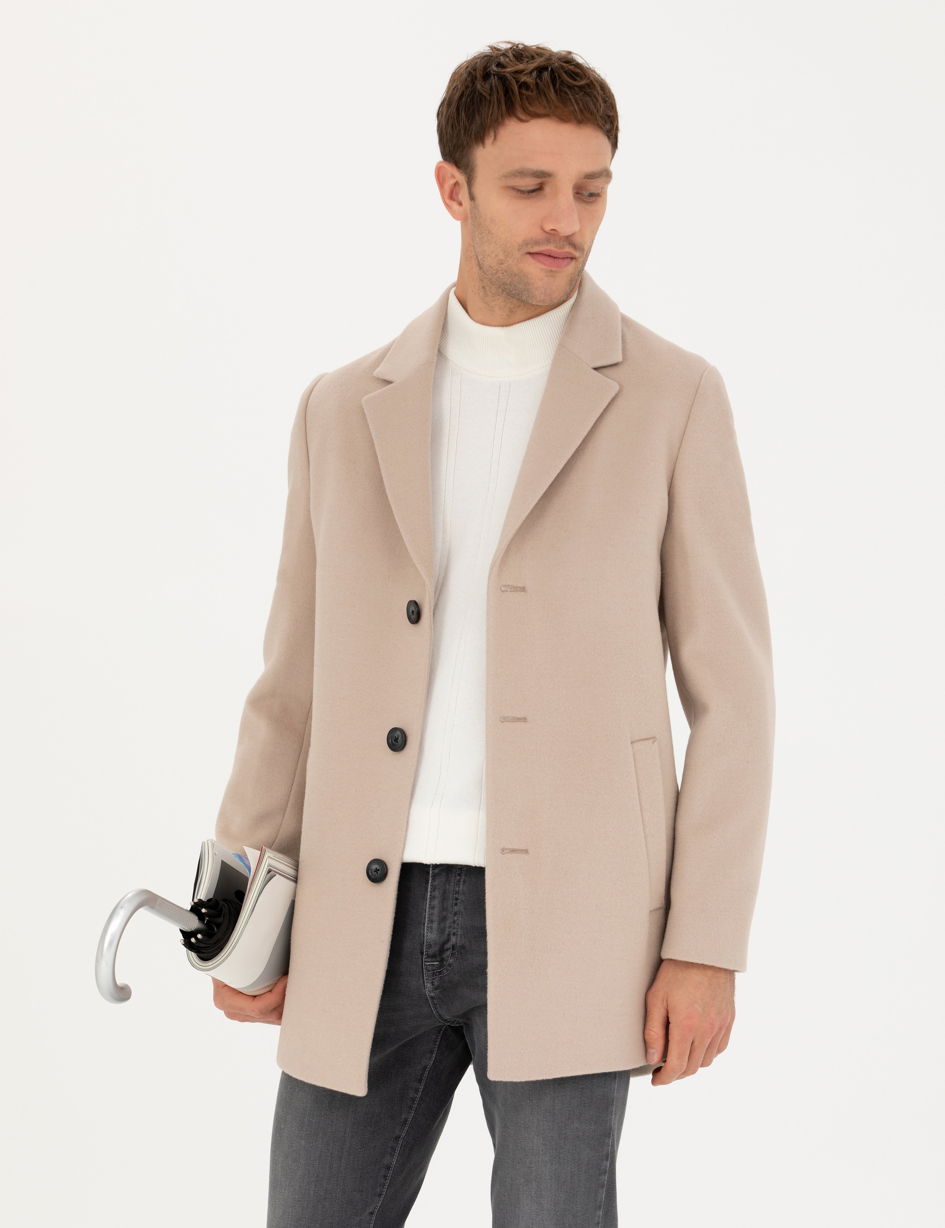 Bej Ekstra Slim Fit Yün Karışımlı Kaşe Kaban - Image 1