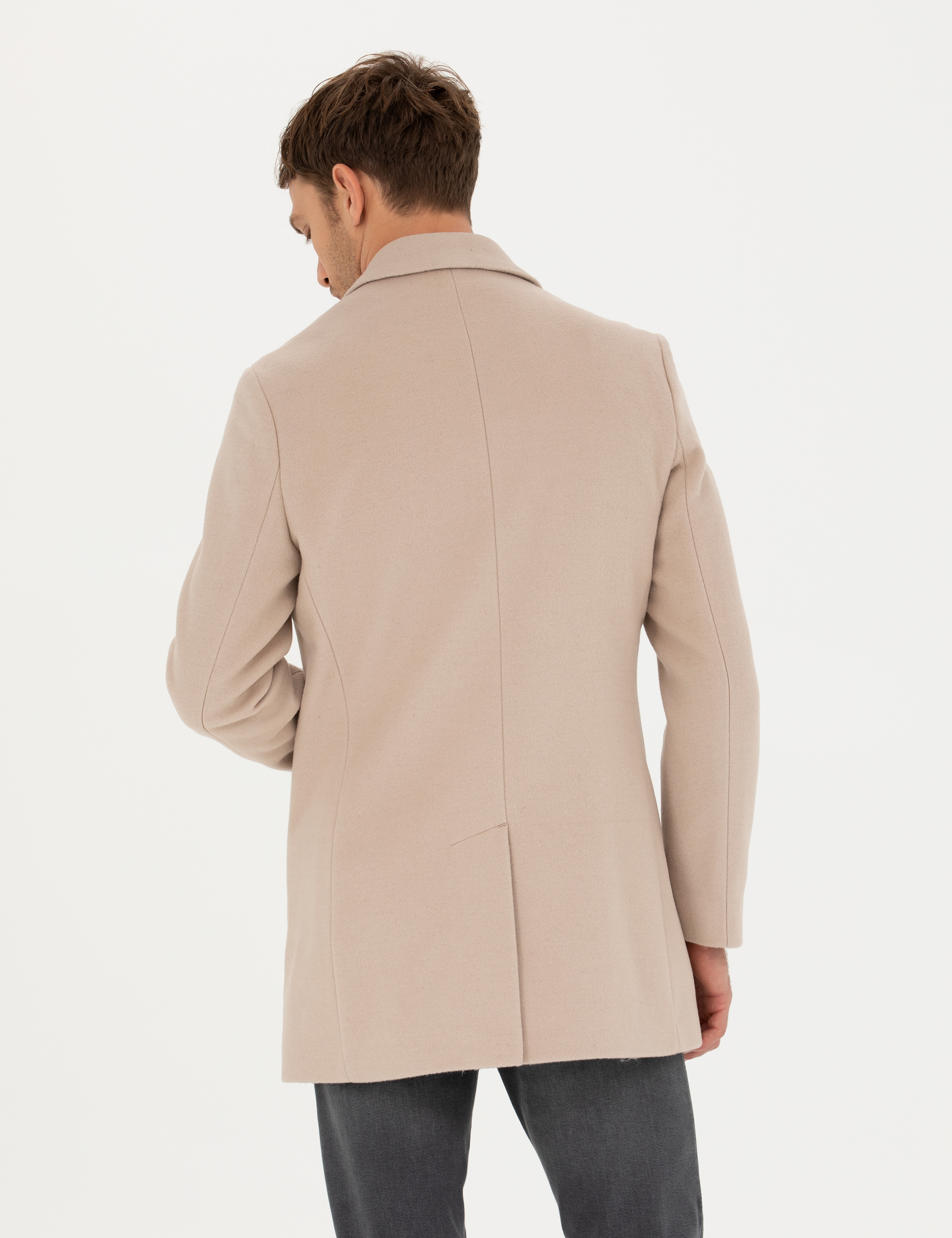 Bej Ekstra Slim Fit Yün Karışımlı Kaşe Kaban
