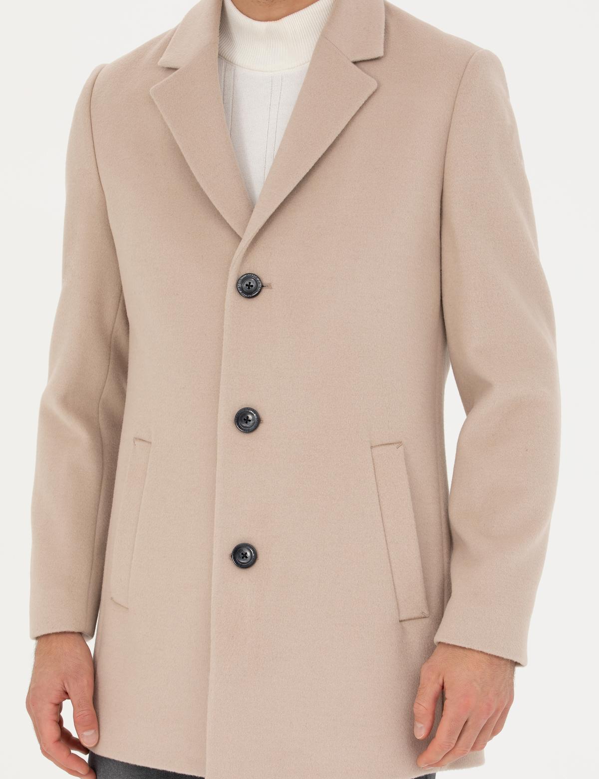 Bej Ekstra Slim Fit Yün Karışımlı Kaşe Kaban - 50284222012