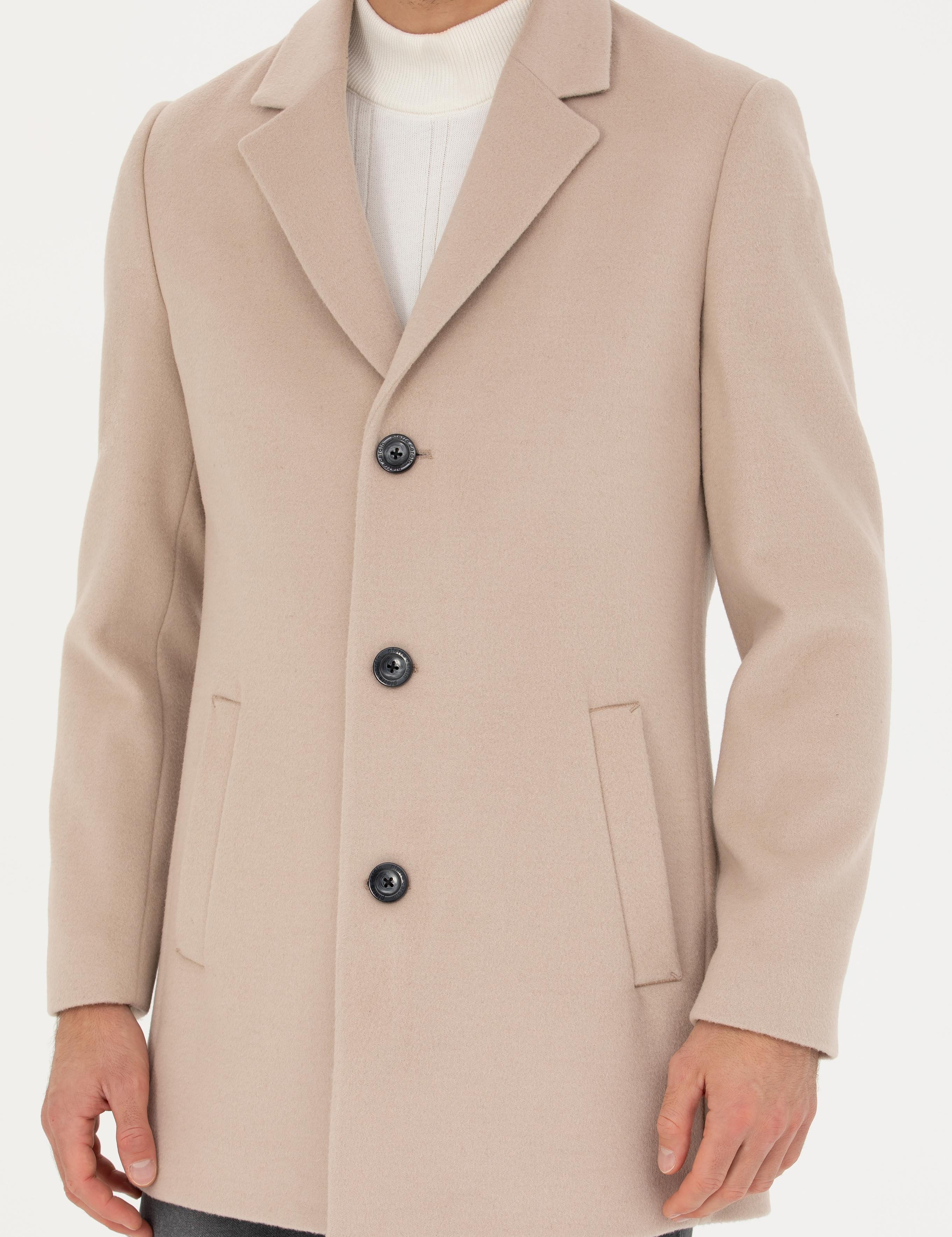 Bej Ekstra Slim Fit Yün Karışımlı Kaşe Kaban