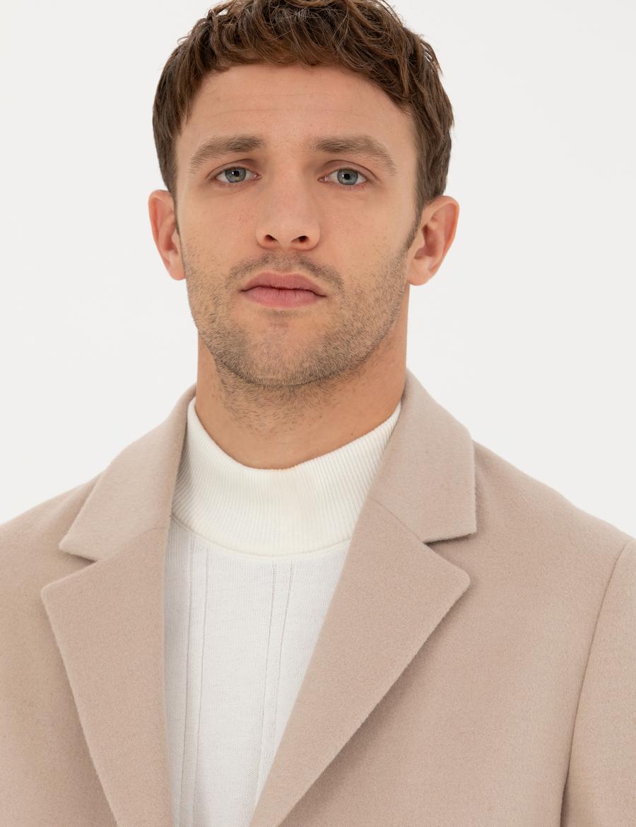 Bej Ekstra Slim Fit Yün Karışımlı Kaşe Kaban
