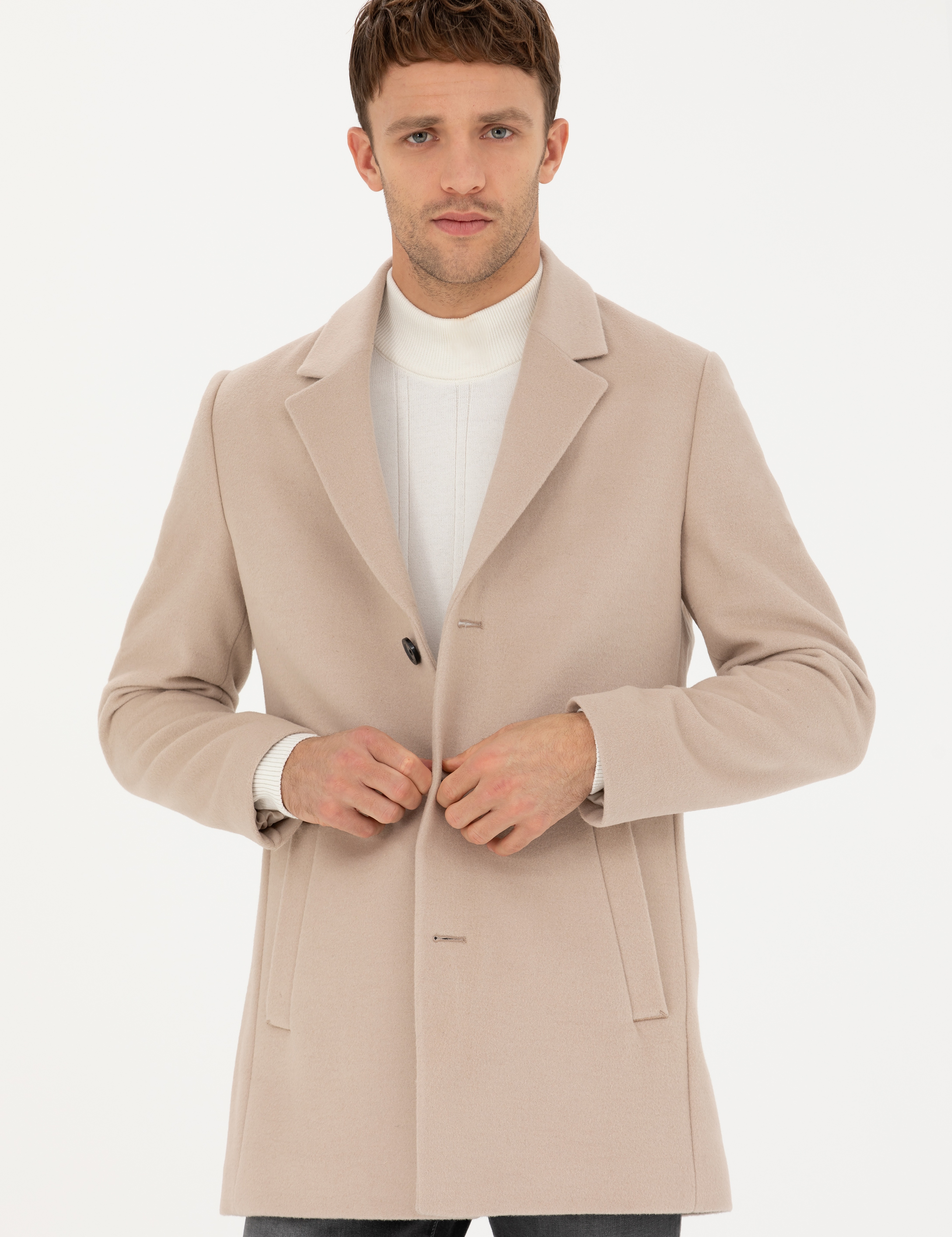 Bej Ekstra Slim Fit Yün Karışımlı Kaşe Kaban - Image 3