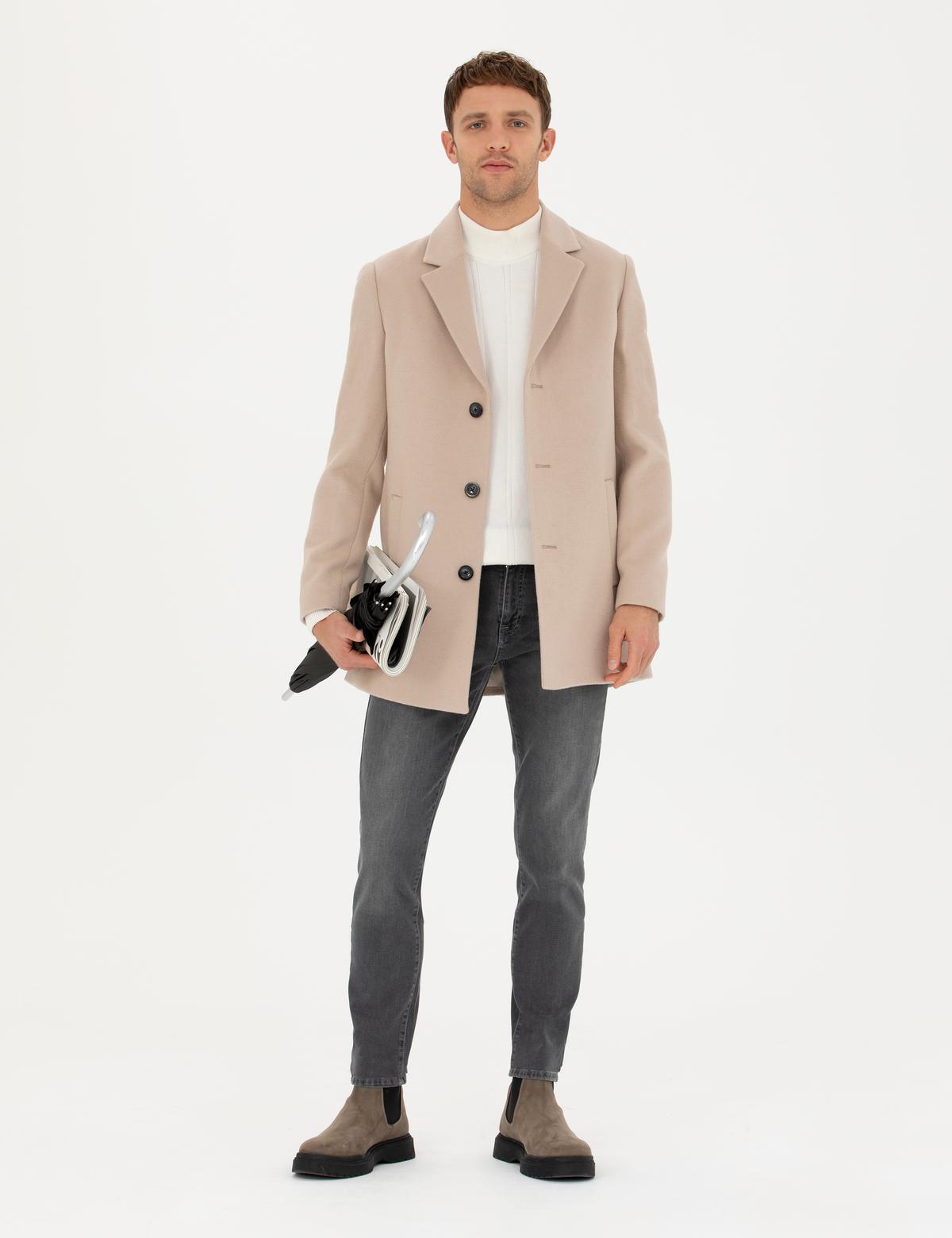 Bej Ekstra Slim Fit Yün Karışımlı Kaşe Kaban - 50284222012