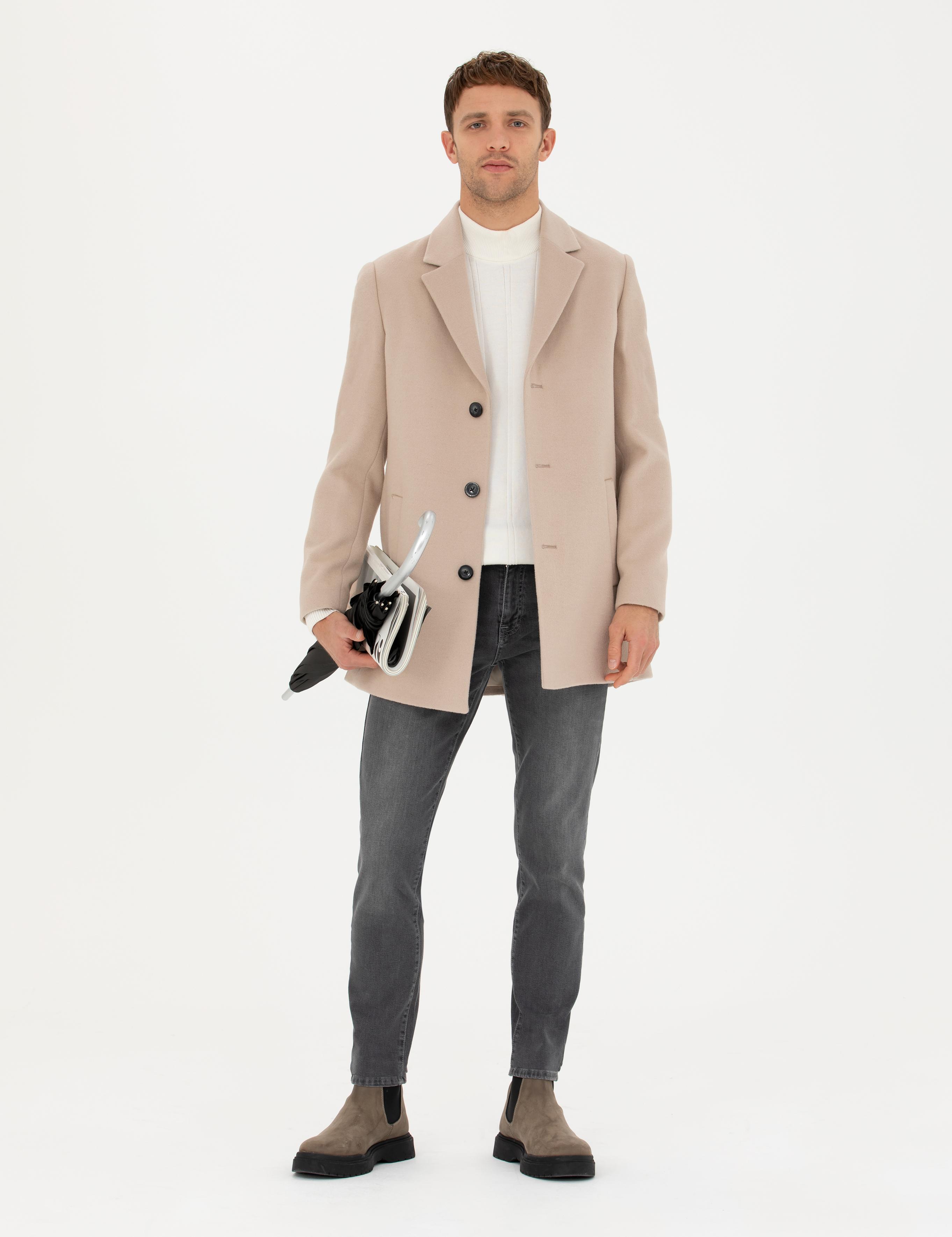 Bej Ekstra Slim Fit Yün Karışımlı Kaşe Kaban