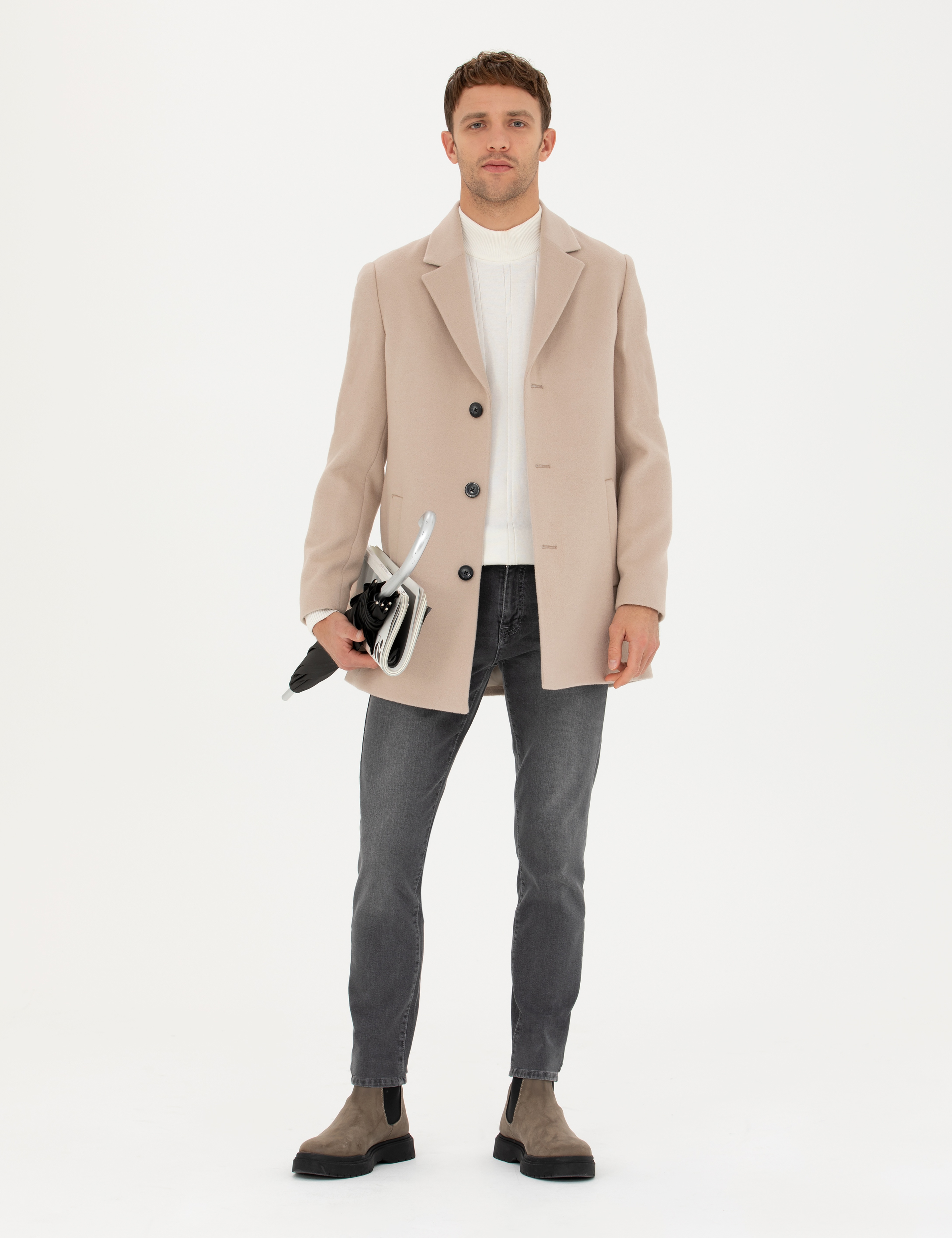 Bej Ekstra Slim Fit Yün Karışımlı Kaşe Kaban
