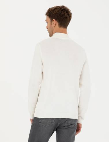 Ekru Slim Fit Yarım Balıkçı Yaka Triko Kazak
